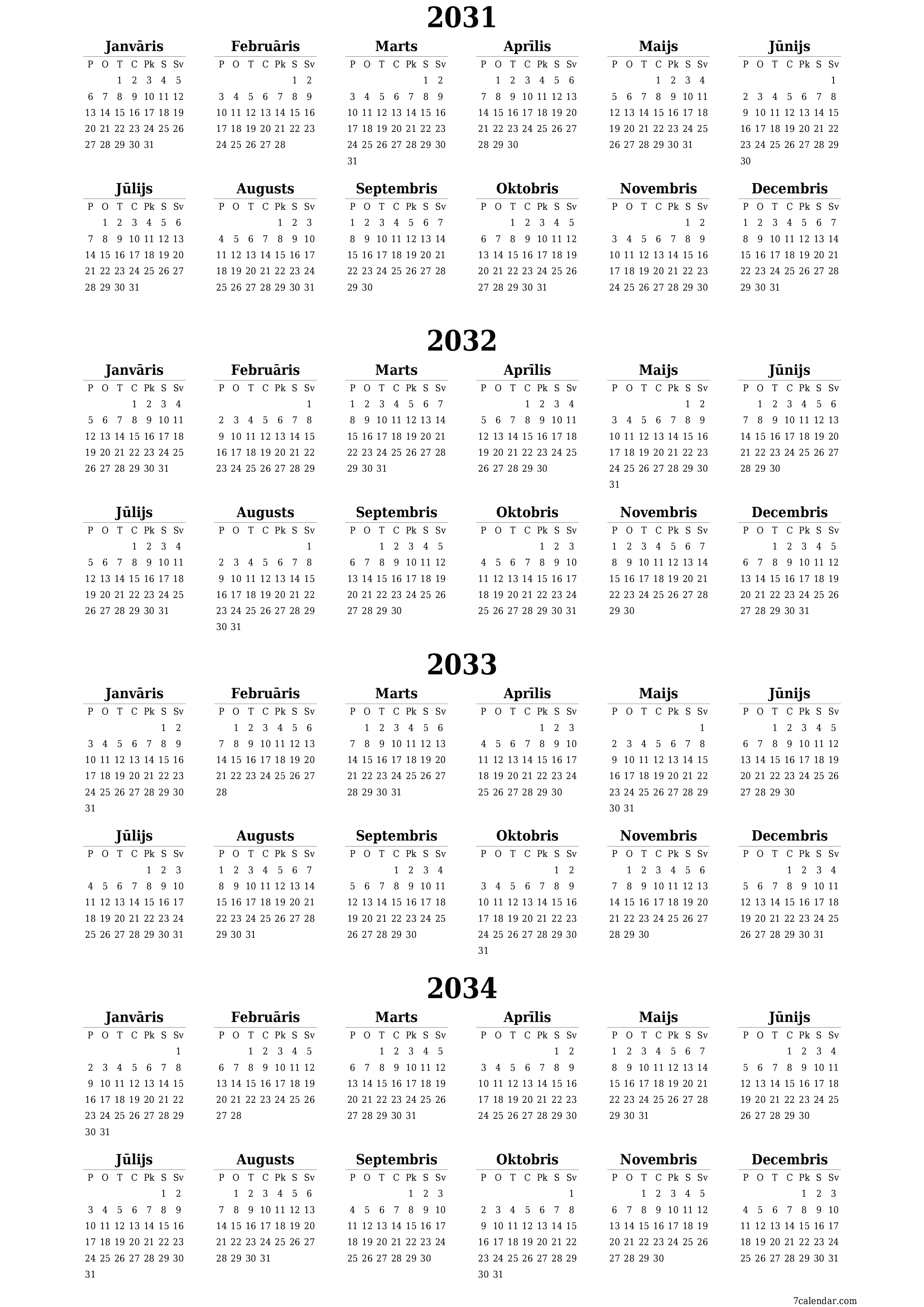 Tukšs gada plānotāja kalendārs gadam 2031, 2032, 2033, 2034 ar piezīmēm, saglabāšana un izdrukāšana PDF formātā PNG Latvian