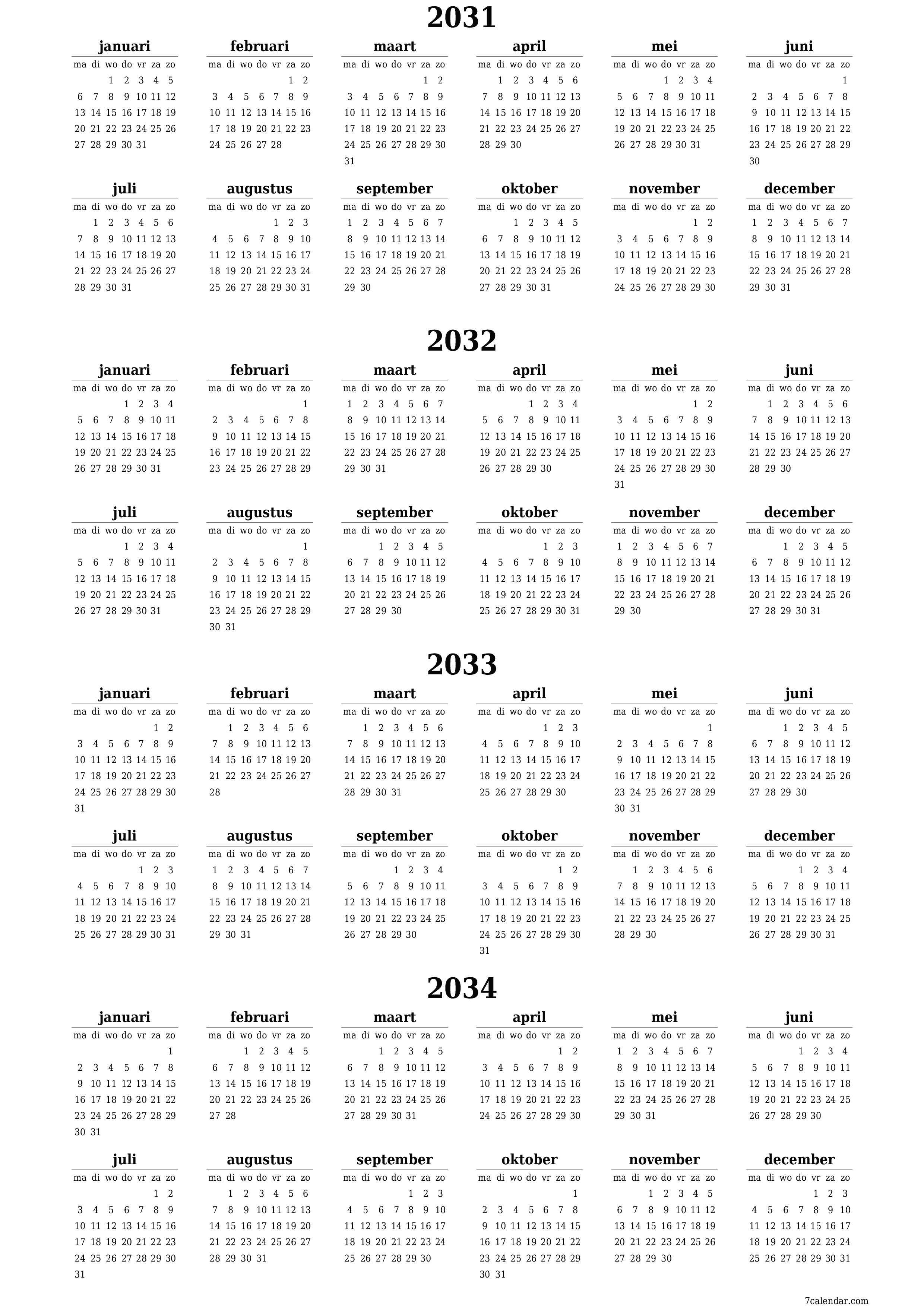 Lege jaarplanningskalender voor het jaar 2031, 2032, 2033, 2034 met notities, opslaan en afdrukken naar pdf PNG Dutch