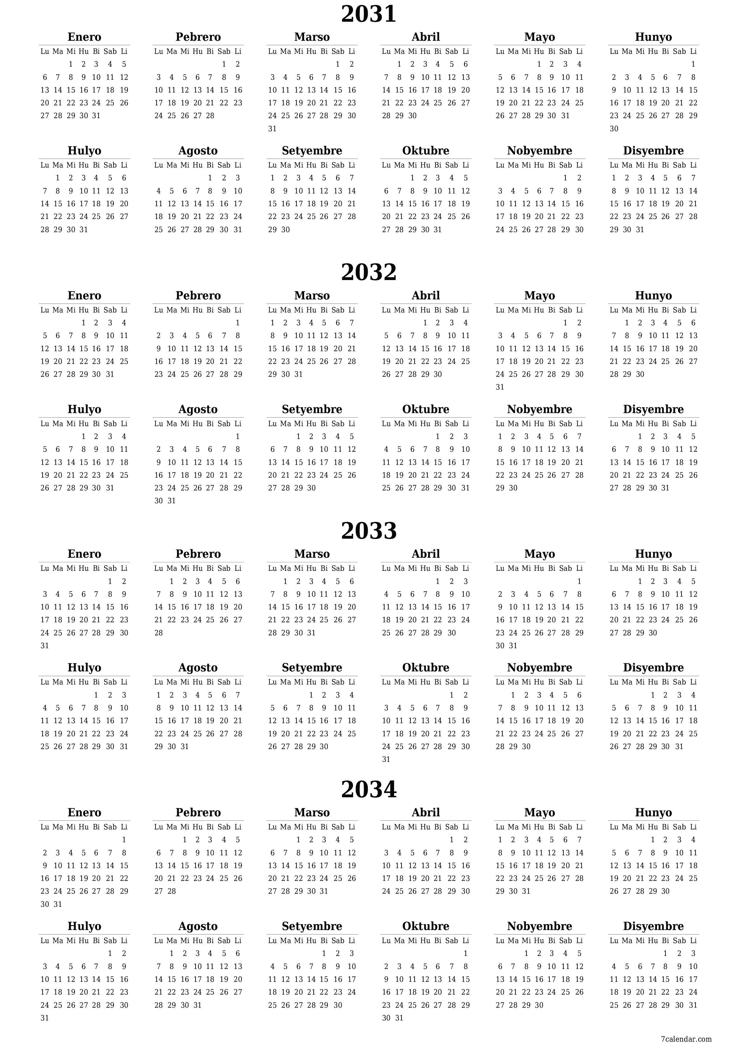 napi-print na sa dingding template ng libreng patayo Taunan kalendaryo Hunyo (Hun) 2031