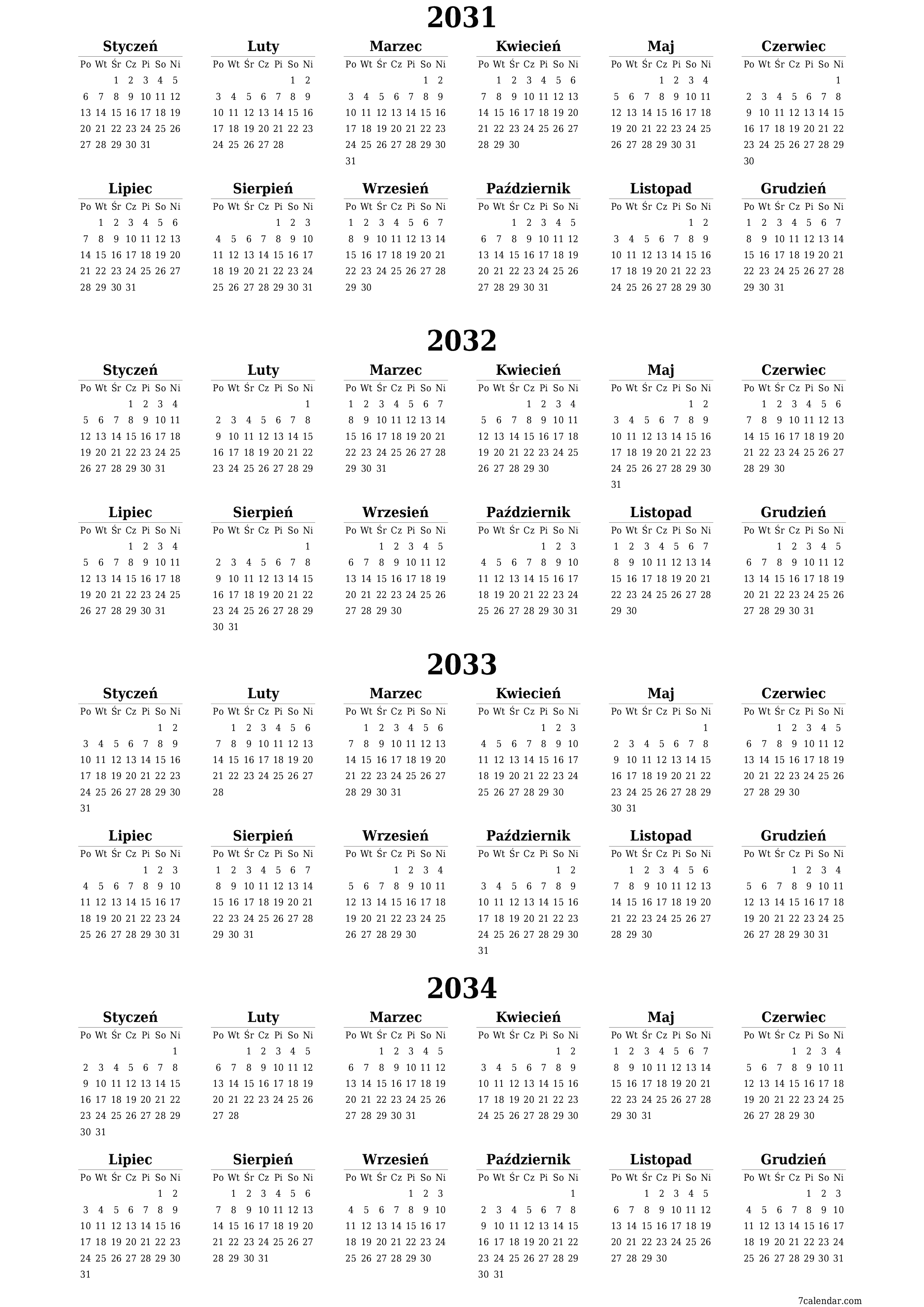 Opróżnij kalendarz rocznego planowania na rok 2031, 2032, 2033, 2034 z notatkami, zapisz i wydrukuj w formacie PDF PNG Polish