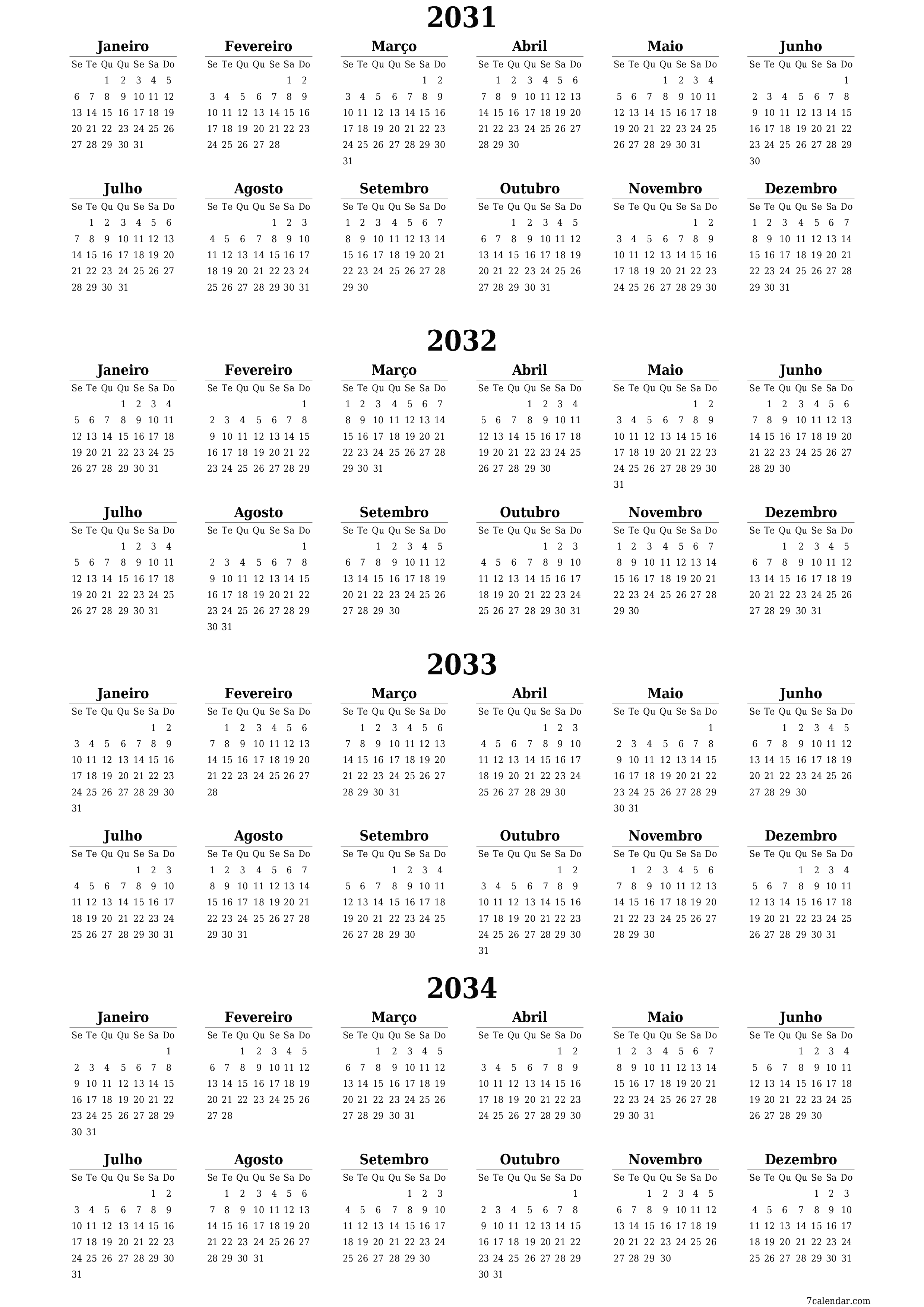 Calendário de planejador anual vazio para o ano 2031, 2032, 2033, 2034 com notas, salve e imprima em PDF PNG Portuguese