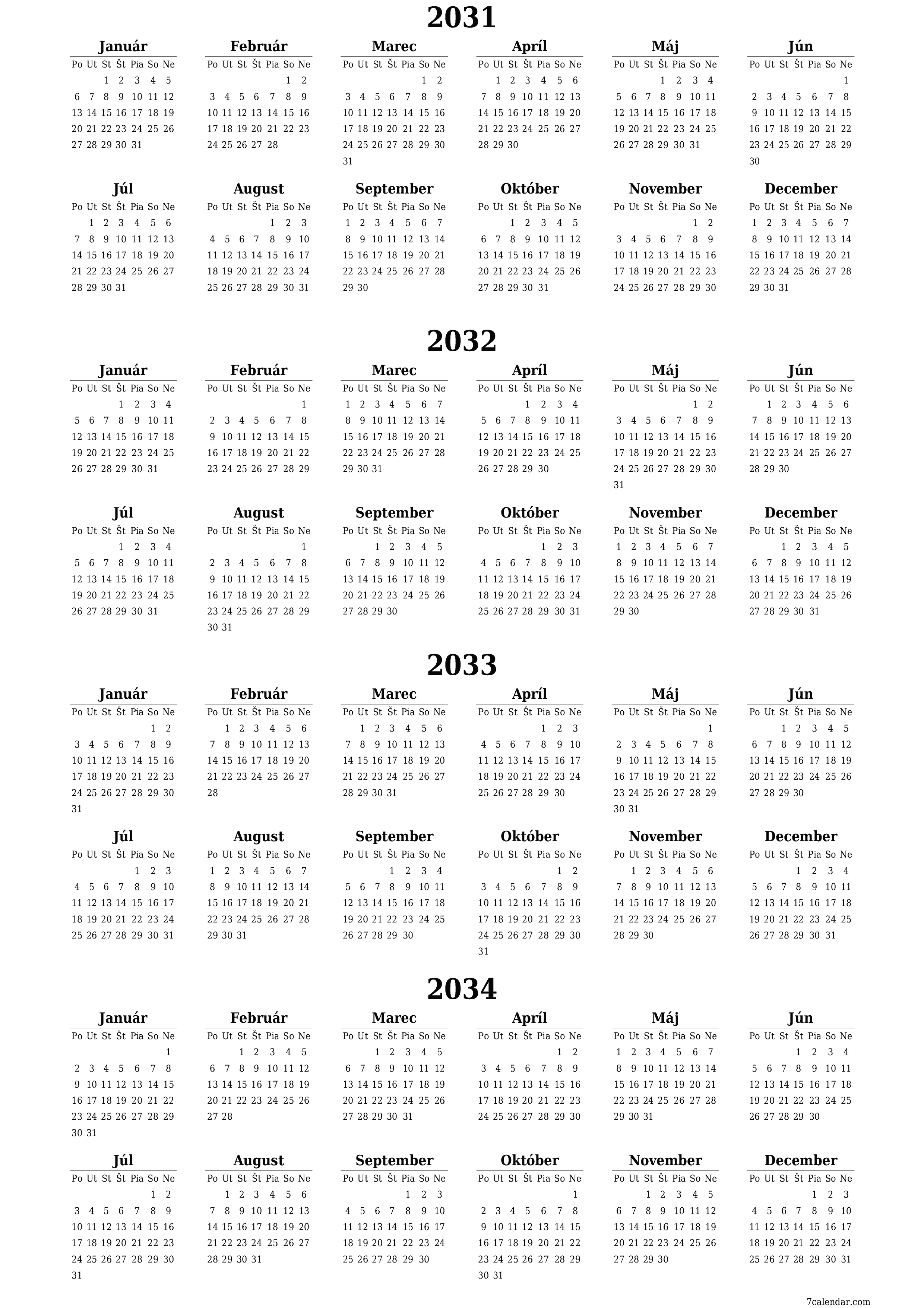 Prázdny ročný kalendár plánovača na rok 2031, 2032, 2033, 2034 s poznámkami, uložením a tlačou do formátu PDF PNG Slovak