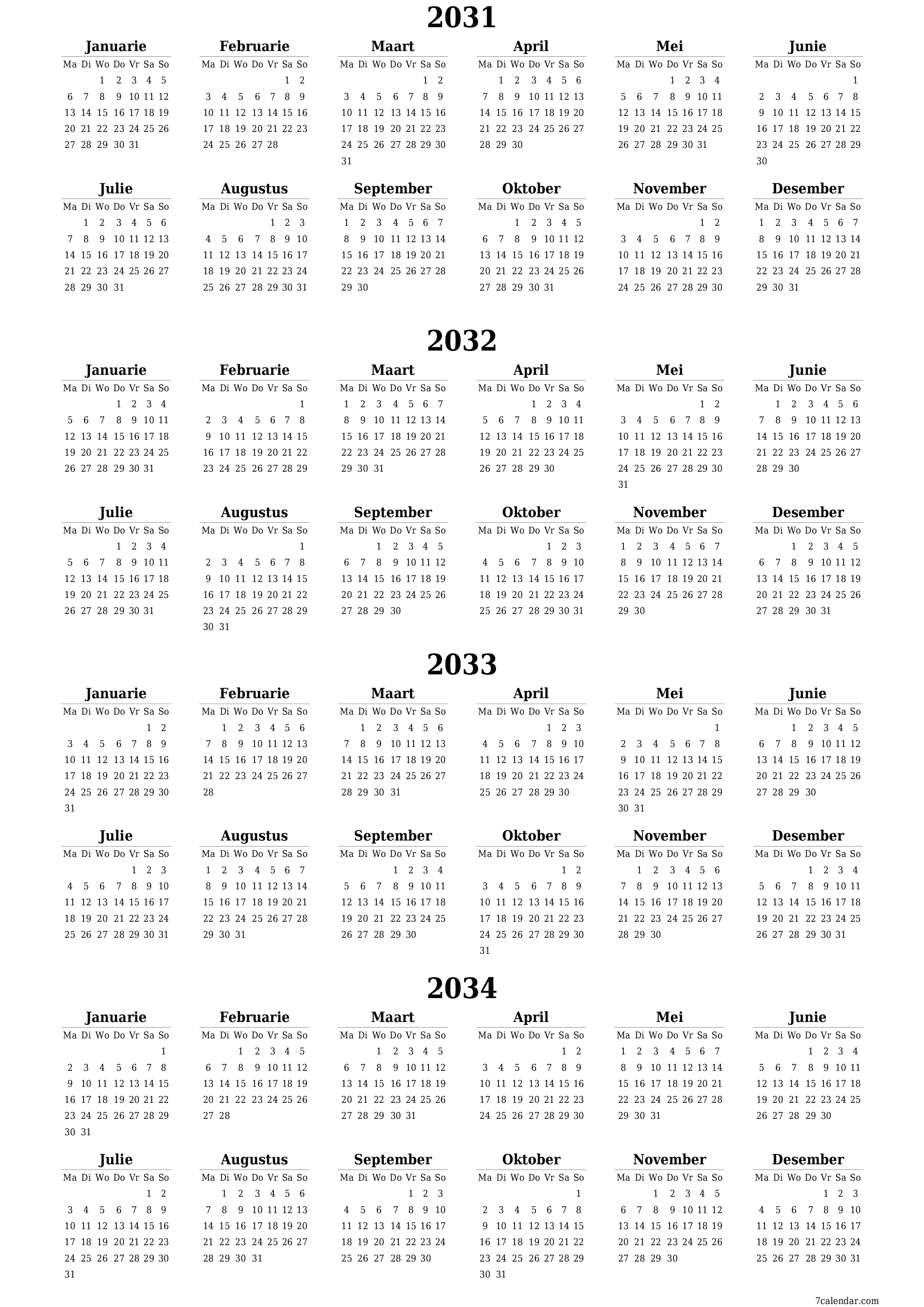 Leë jaarlikse drukbare kalender en beplanner vir die jaar 2031, 2032, 2033, 2034 met notas, stoor en druk na PDF PNG Afrikaans