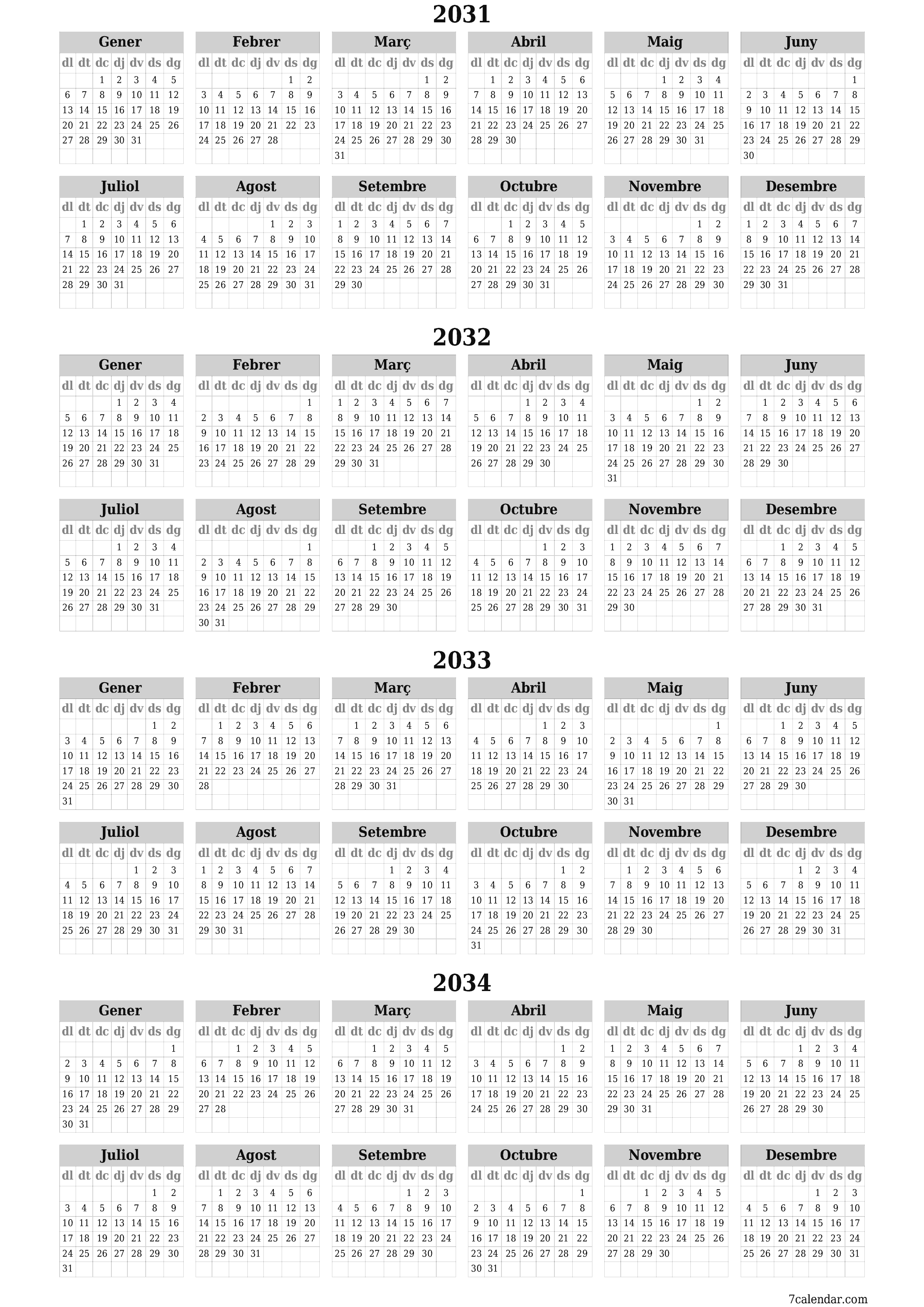 Planificador anual buit 2031, 2032, 2033, 2034 amb notes desades i imprimides en PDF PNG Catalan