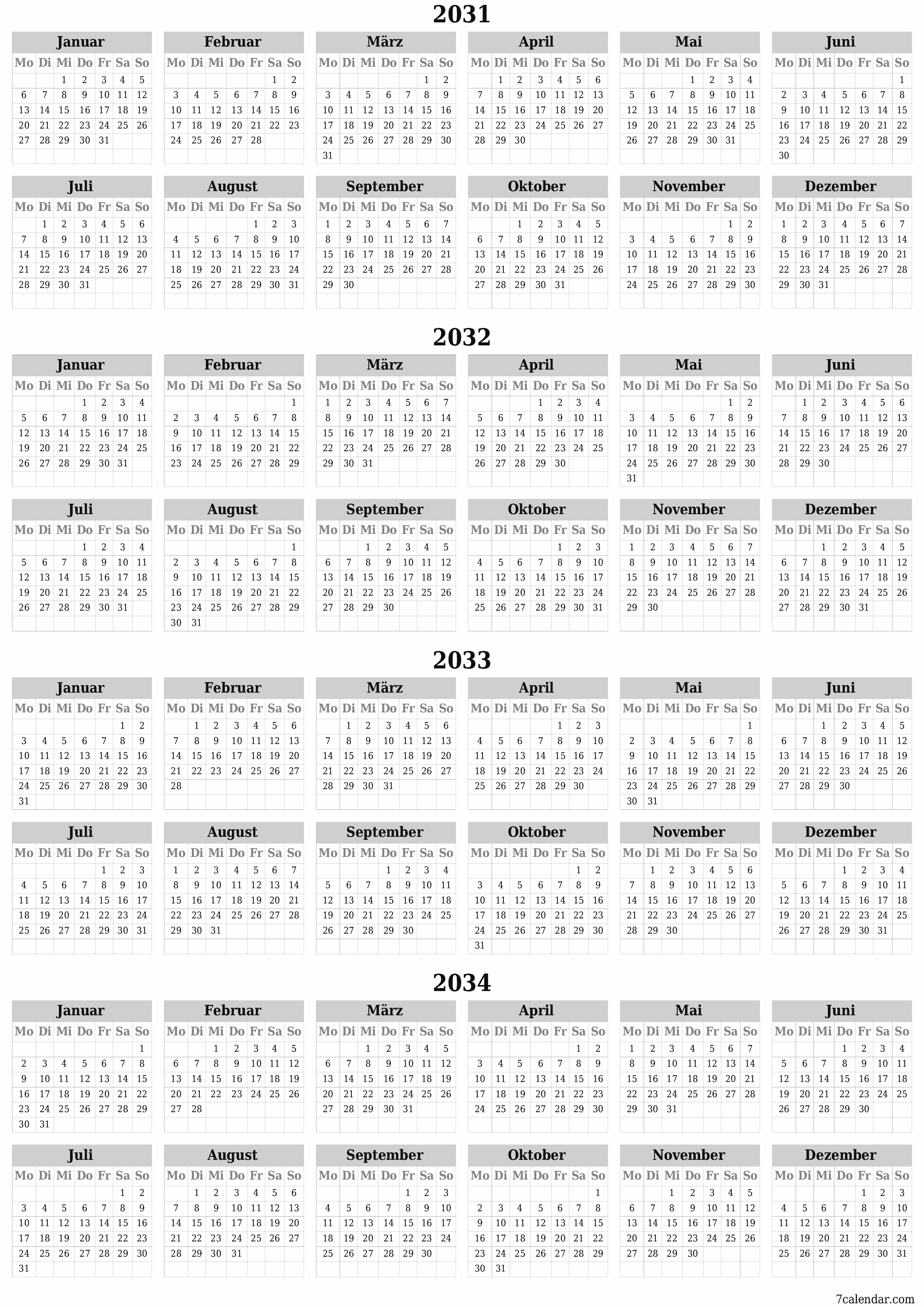 Jahresplanerkalender für das Jahr 2031, 2032, 2033, 2034 mit Notizen leeren, speichern und als PDF PNG German - 7calendar.com drucken