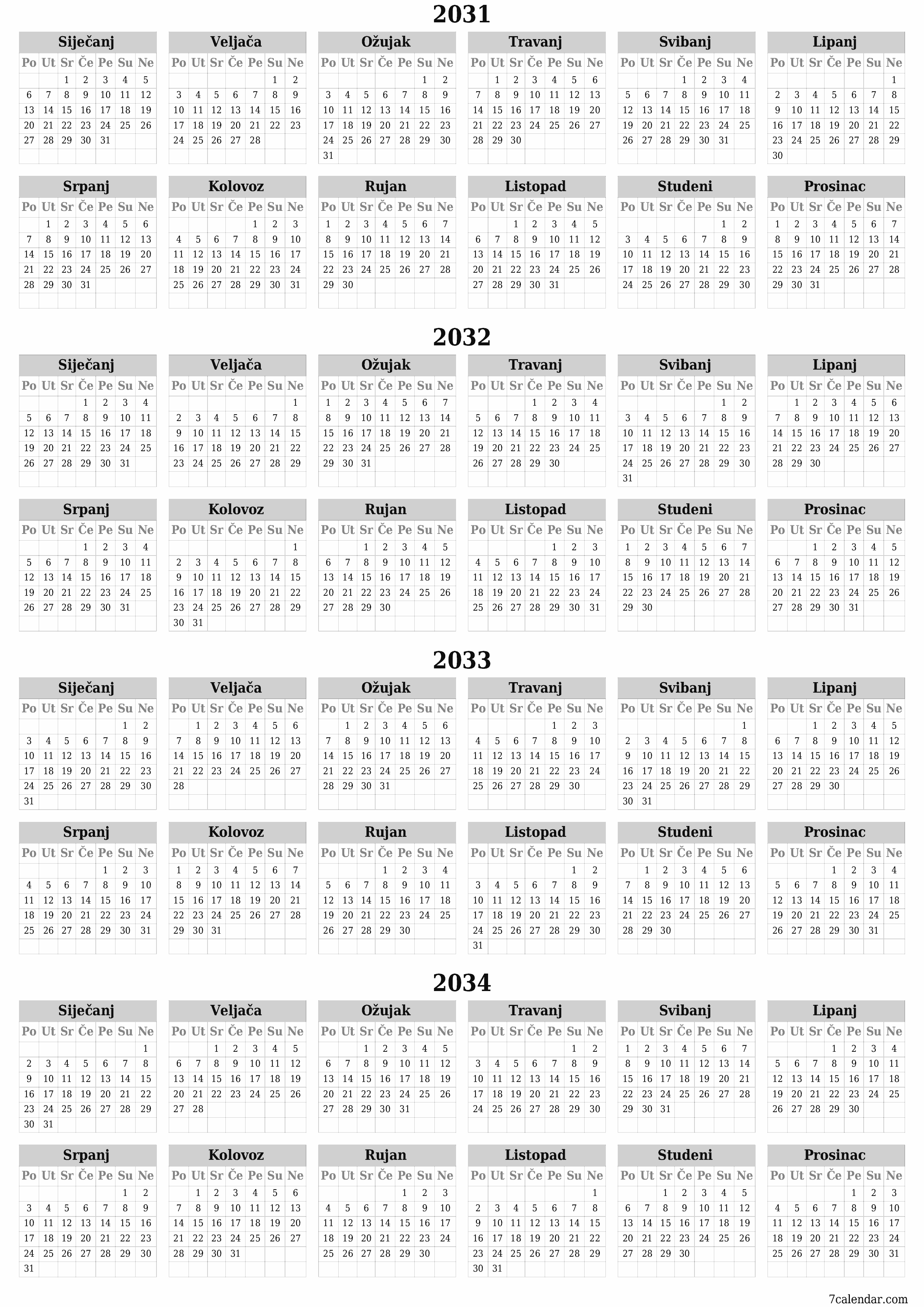  za ispis zidni predložak a besplatni okomito Godišnje kalendar Lipanj (Lip) 2031