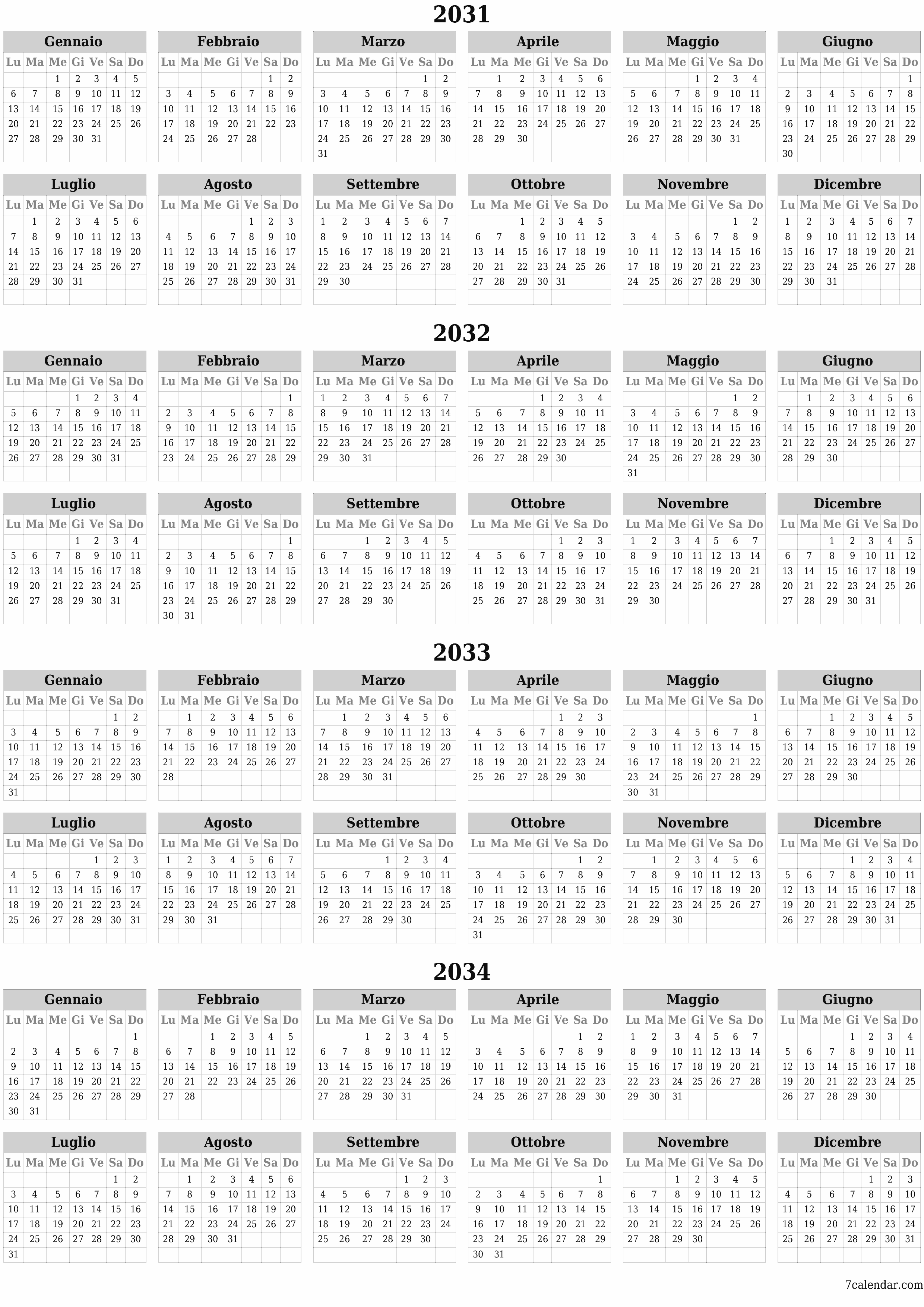  stampabile da parete modello di gratuitoverticale Annuale calendario Giugno (Giu) 2031
