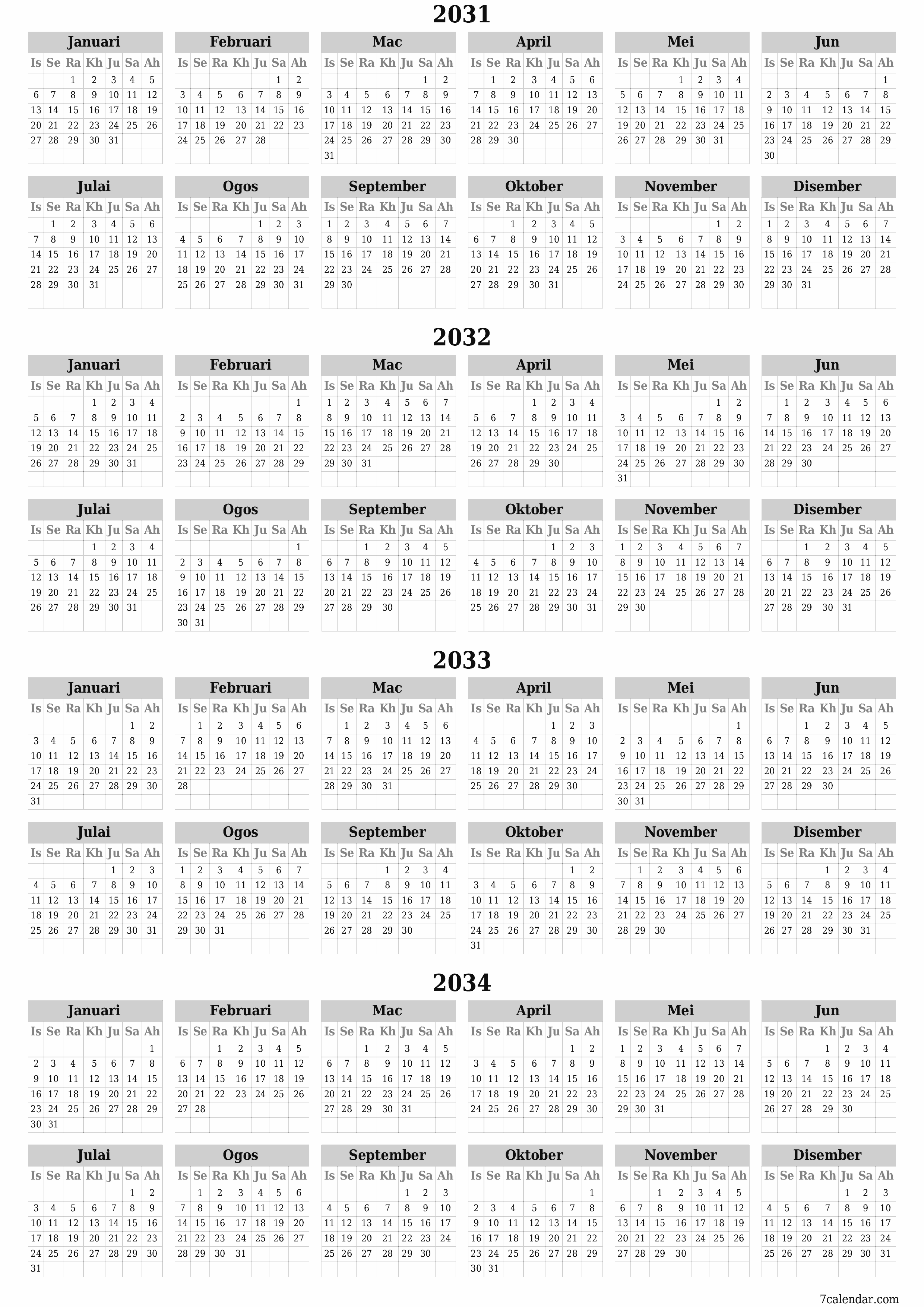 Kalendar perancang tahunan kosong untuk tahun ini 2031, 2032, 2033, 2034 dengan nota, simpan dan cetak ke PDF PNG Malay