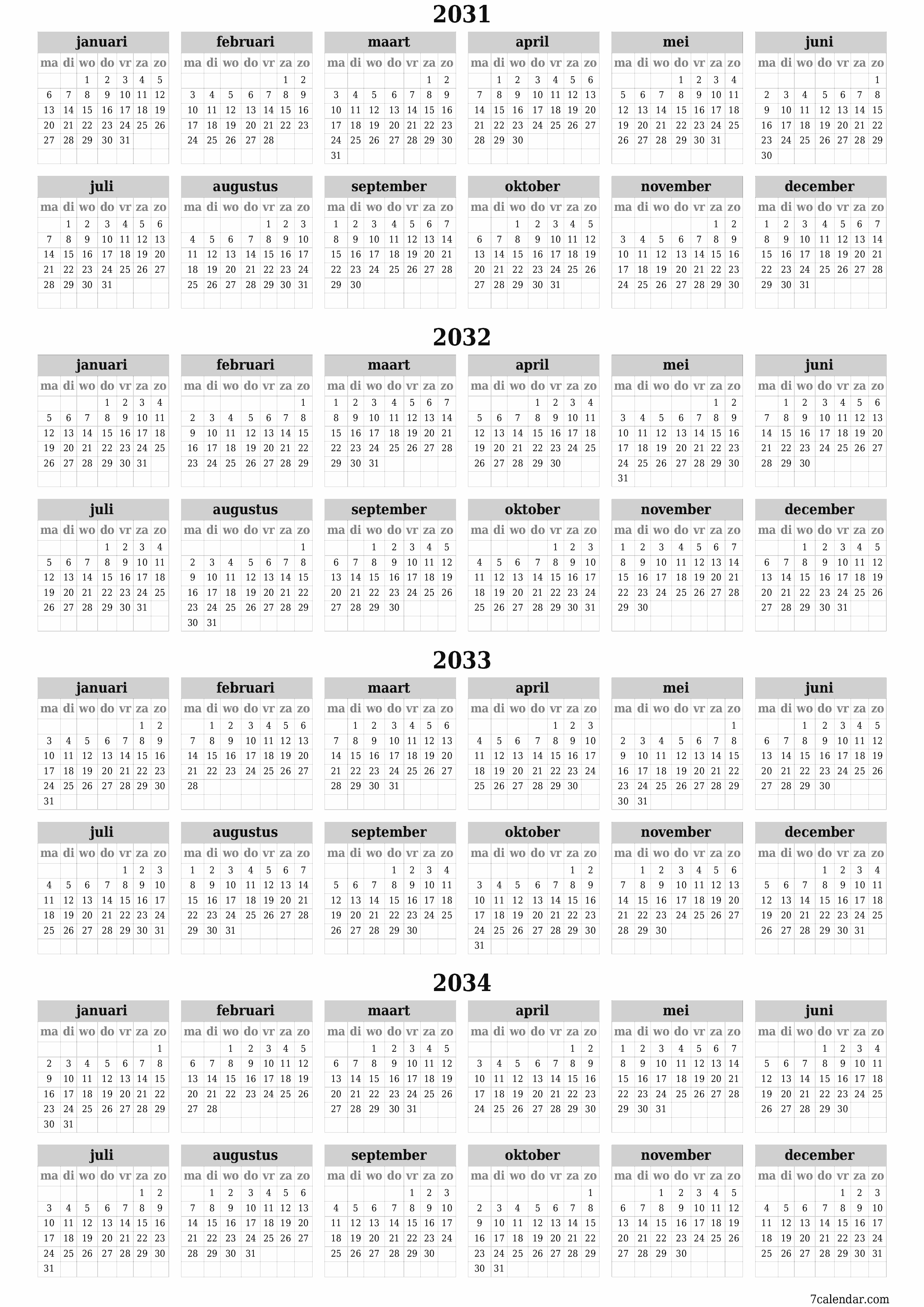 Lege jaarplanningskalender voor het jaar 2031, 2032, 2033, 2034 met notities, opslaan en afdrukken naar pdf PNG Dutch