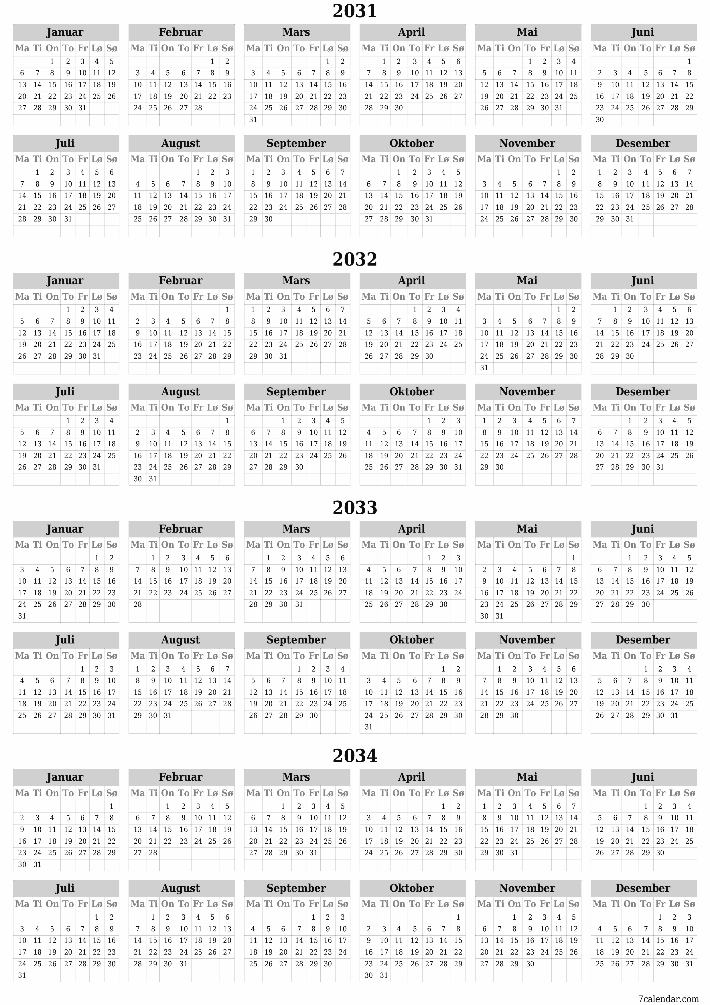 Tom årlig planleggerkalender for året 2031, 2032, 2033, 2034 med notater, lagre og skrive ut i PDF PNG Norwegian