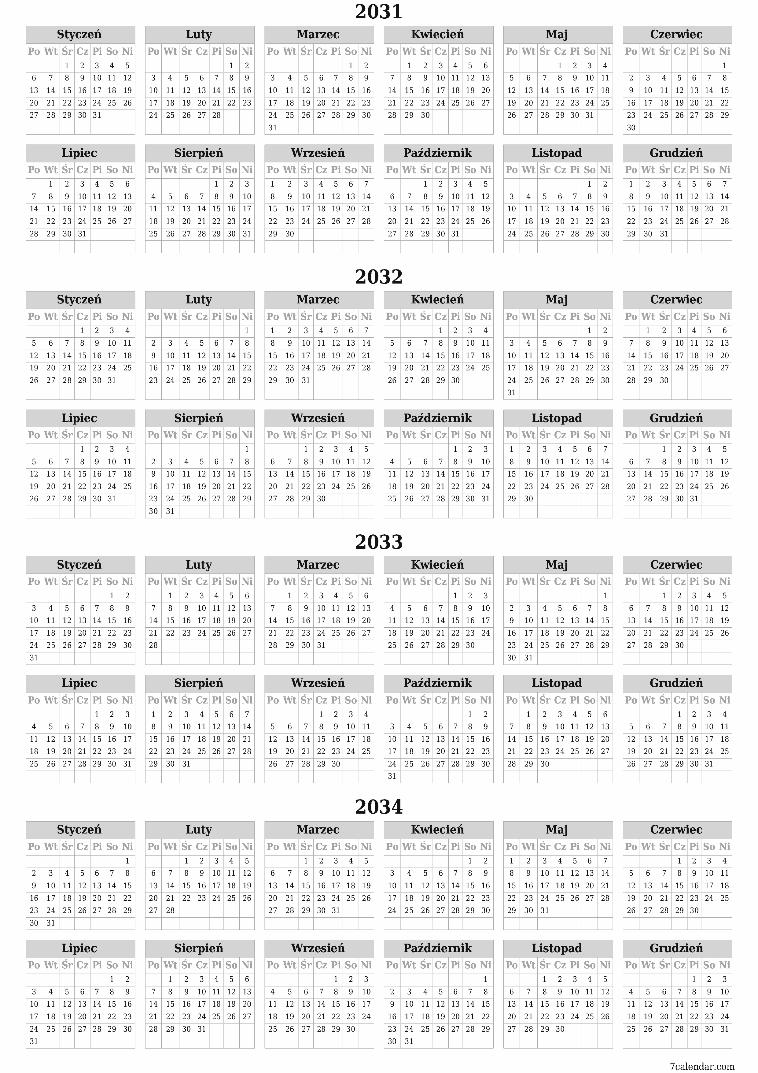 Opróżnij kalendarz rocznego planowania na rok 2031, 2032, 2033, 2034 z notatkami, zapisz i wydrukuj w formacie PDF PNG Polish