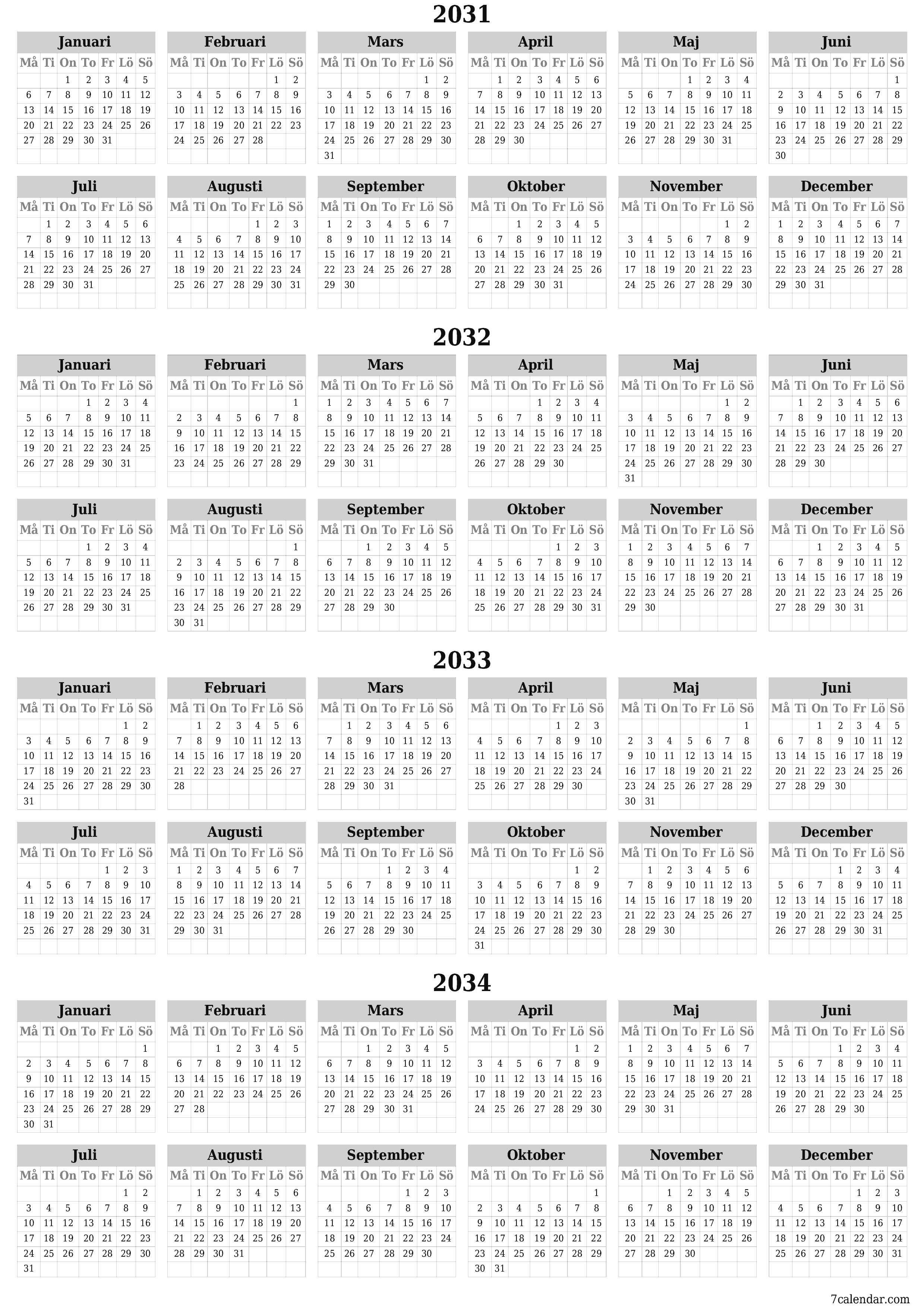 Tom årlig planeringskalender för året 2031, 2032, 2033, 2034 med anteckningar, spara och skriv ut till PDF PNG Swedish