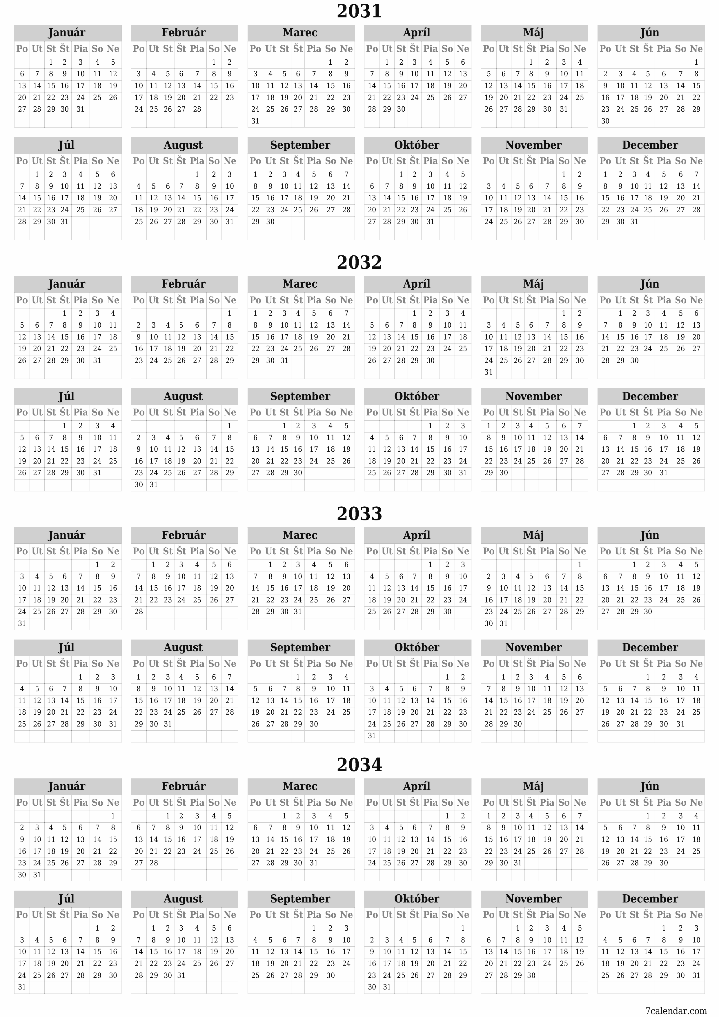 Prázdny ročný kalendár plánovača na rok 2031, 2032, 2033, 2034 s poznámkami, uložením a tlačou do formátu PDF PNG Slovak