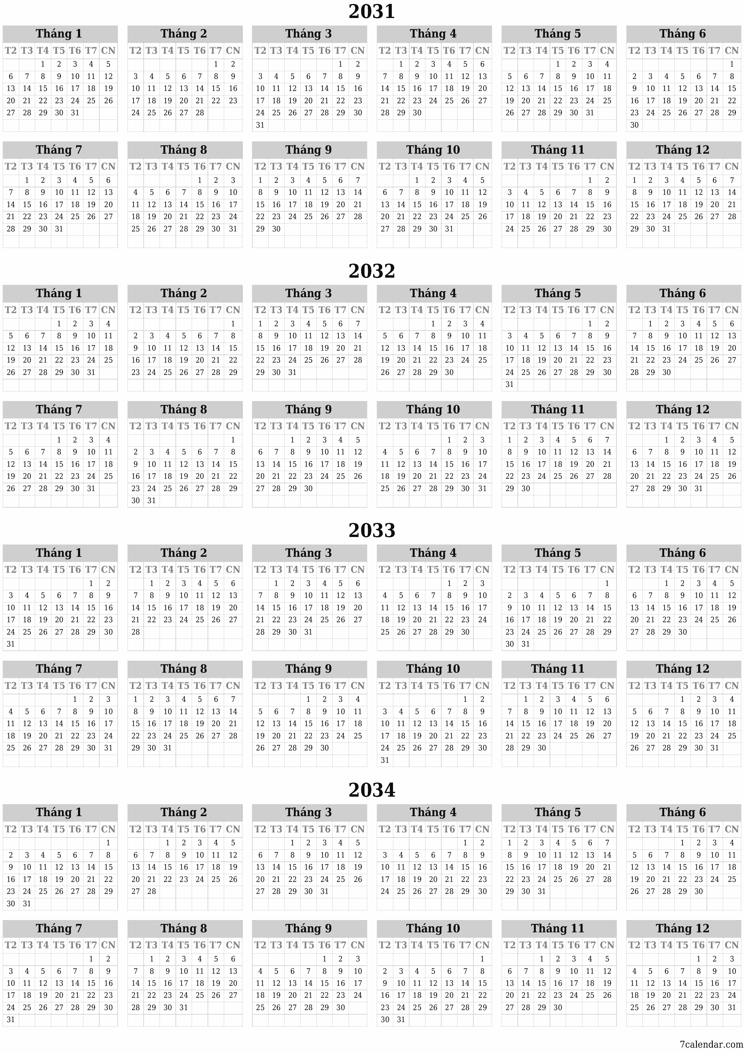 Lịch kế hoạch hàng năm trống cho năm 2031, 2032, 2033, 2034 có ghi chú, lưu và in sang PDF PNG Vietnamese