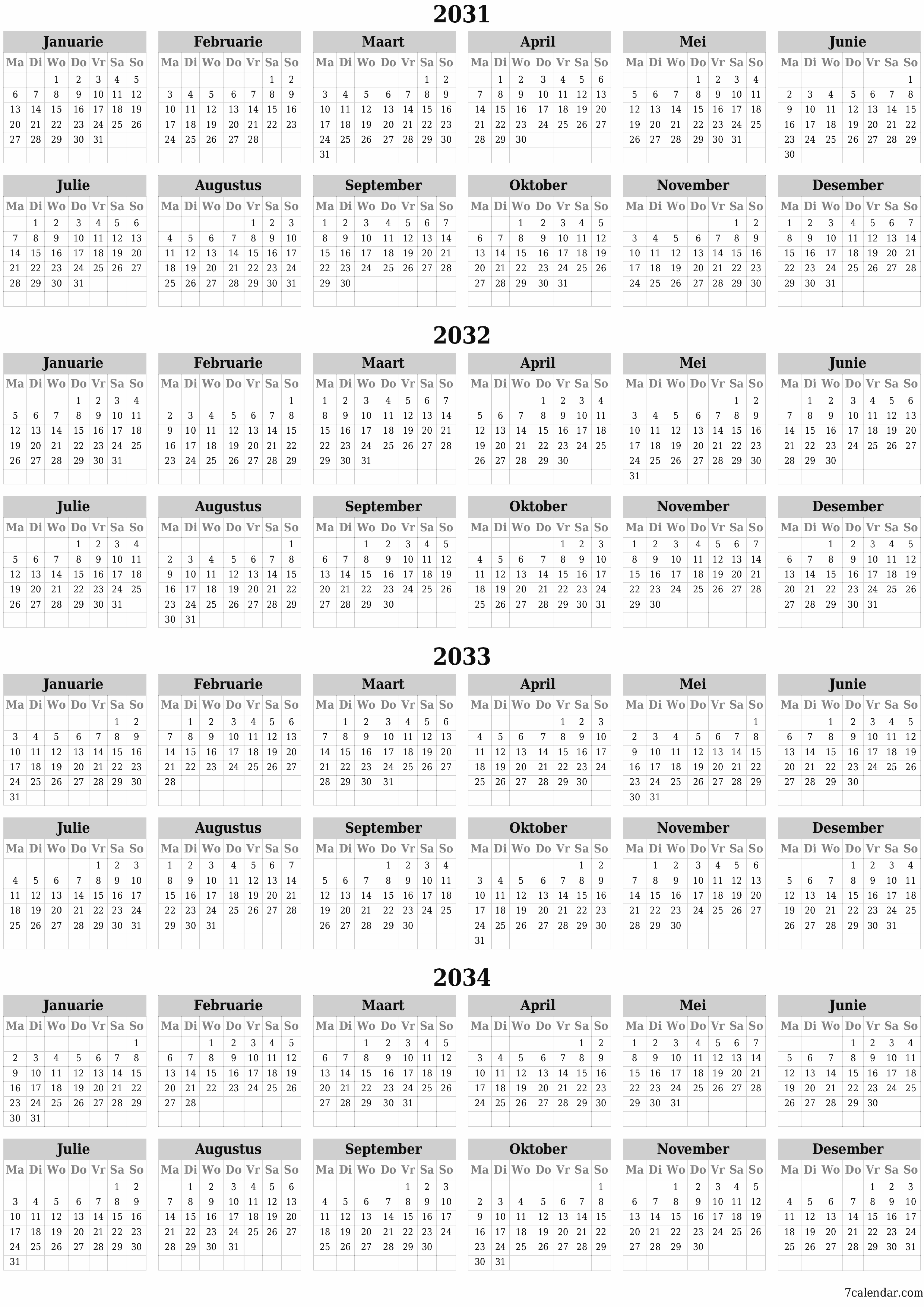 Leë jaarlikse drukbare kalender en beplanner vir die jaar 2031, 2032, 2033, 2034 met notas, stoor en druk na PDF PNG Afrikaans