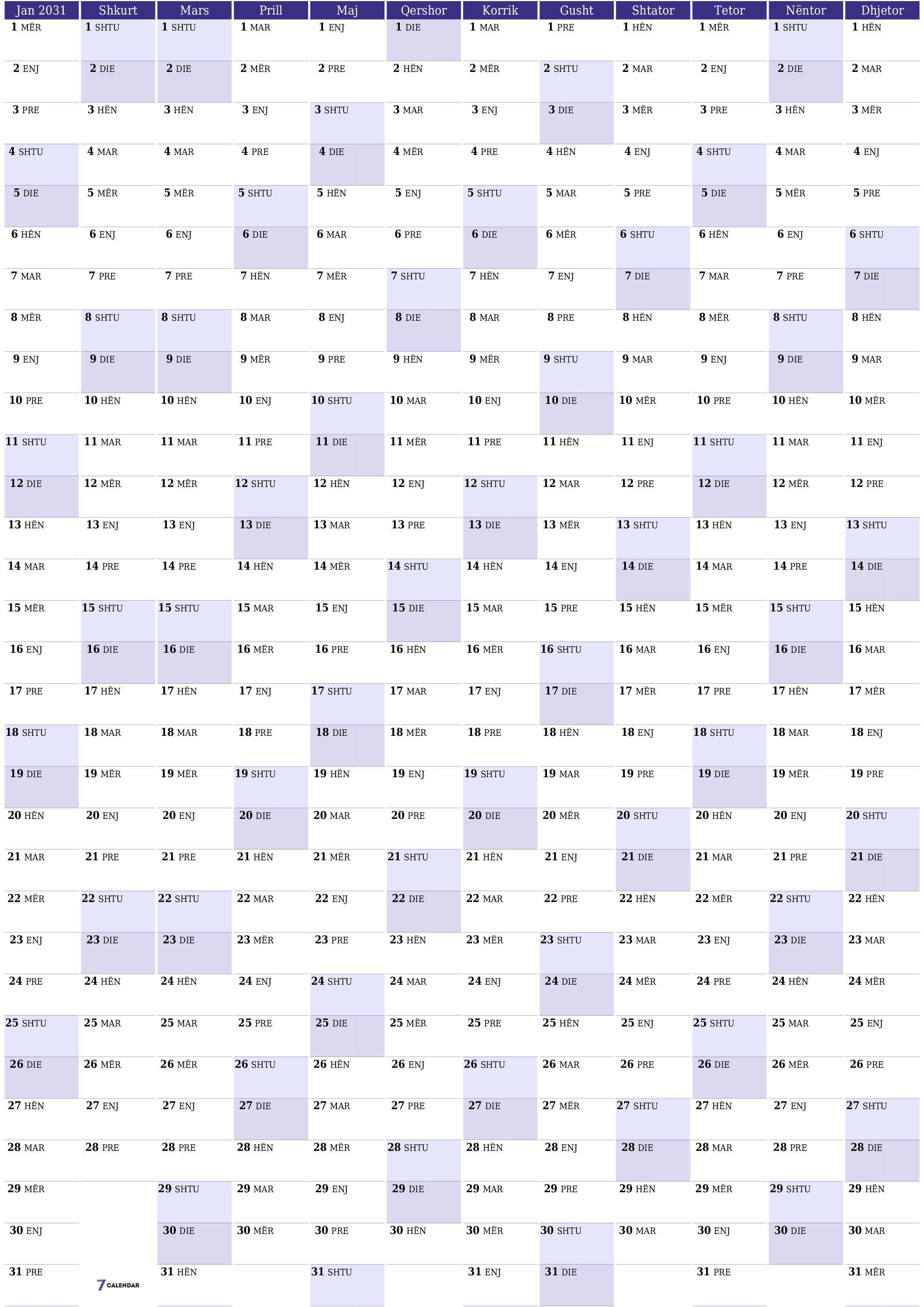 Planifikuesi bosh i kalendarit vjetor për vitin 2031 me shënime, ruani dhe printoni në PDF PNG Albanian