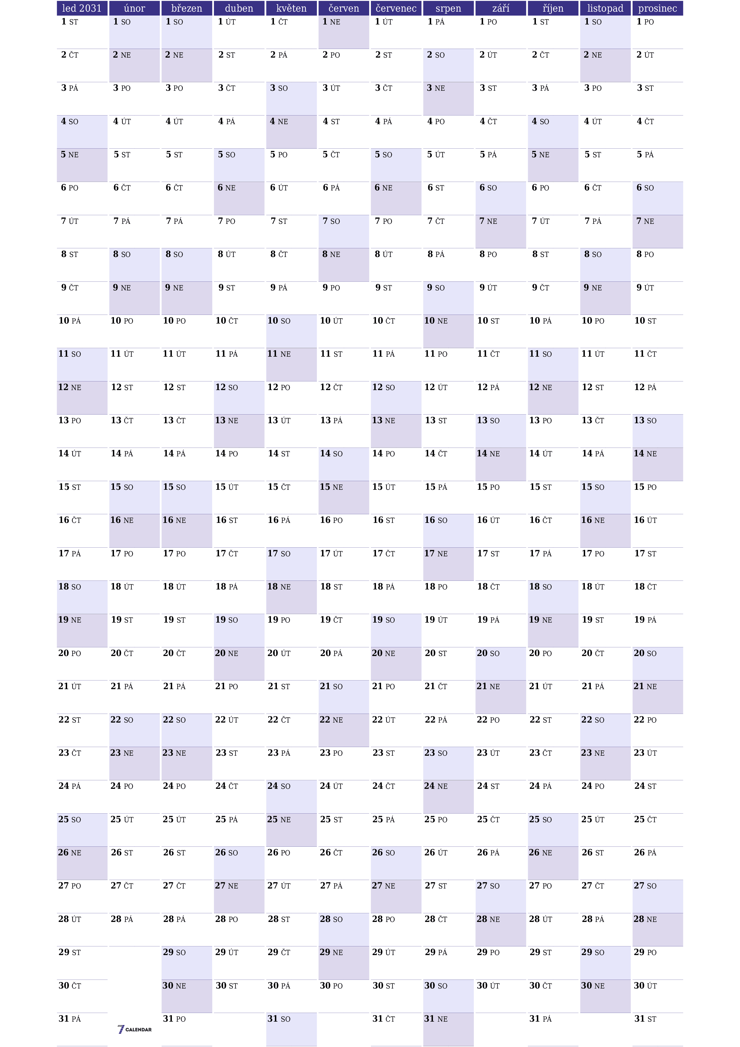 Prázdný roční kalendář plánovače pro rok 2031 s poznámkami, uložením a tiskem do PDF PNG Czech