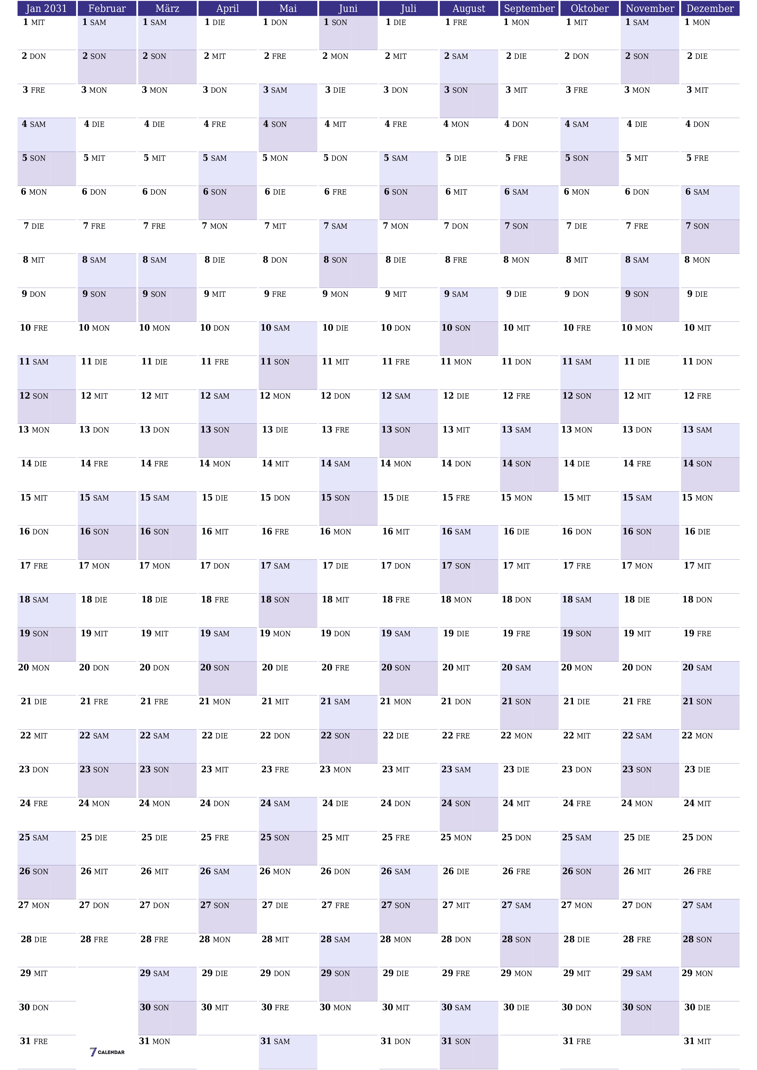 Jahresplanerkalender für das Jahr 2031 mit Notizen leeren, speichern und als PDF PNG German - 7calendar.com drucken