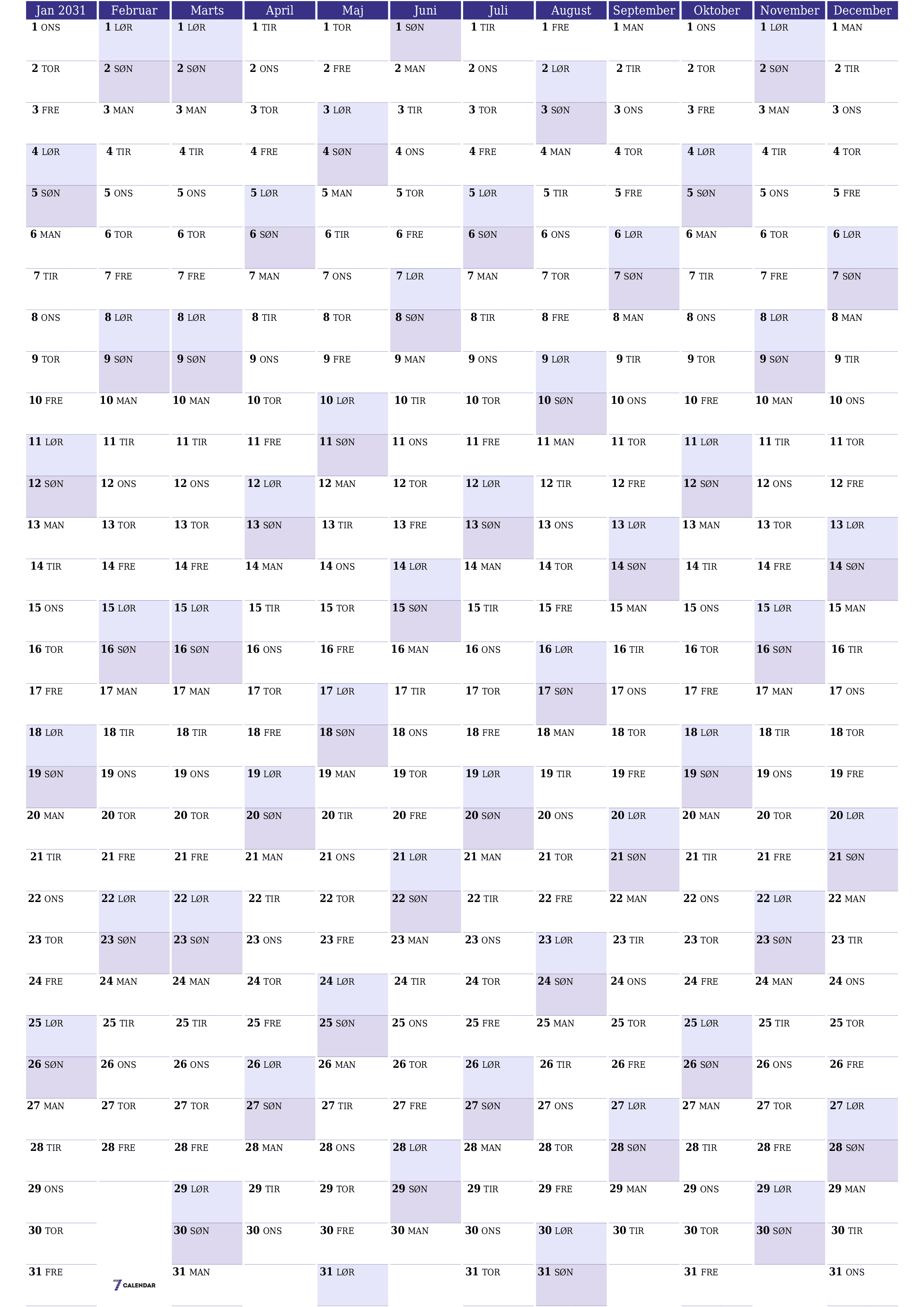 Tom årlig planlægningskalender for året 2031 med noter, gem og udskriv til PDF PNG Danish