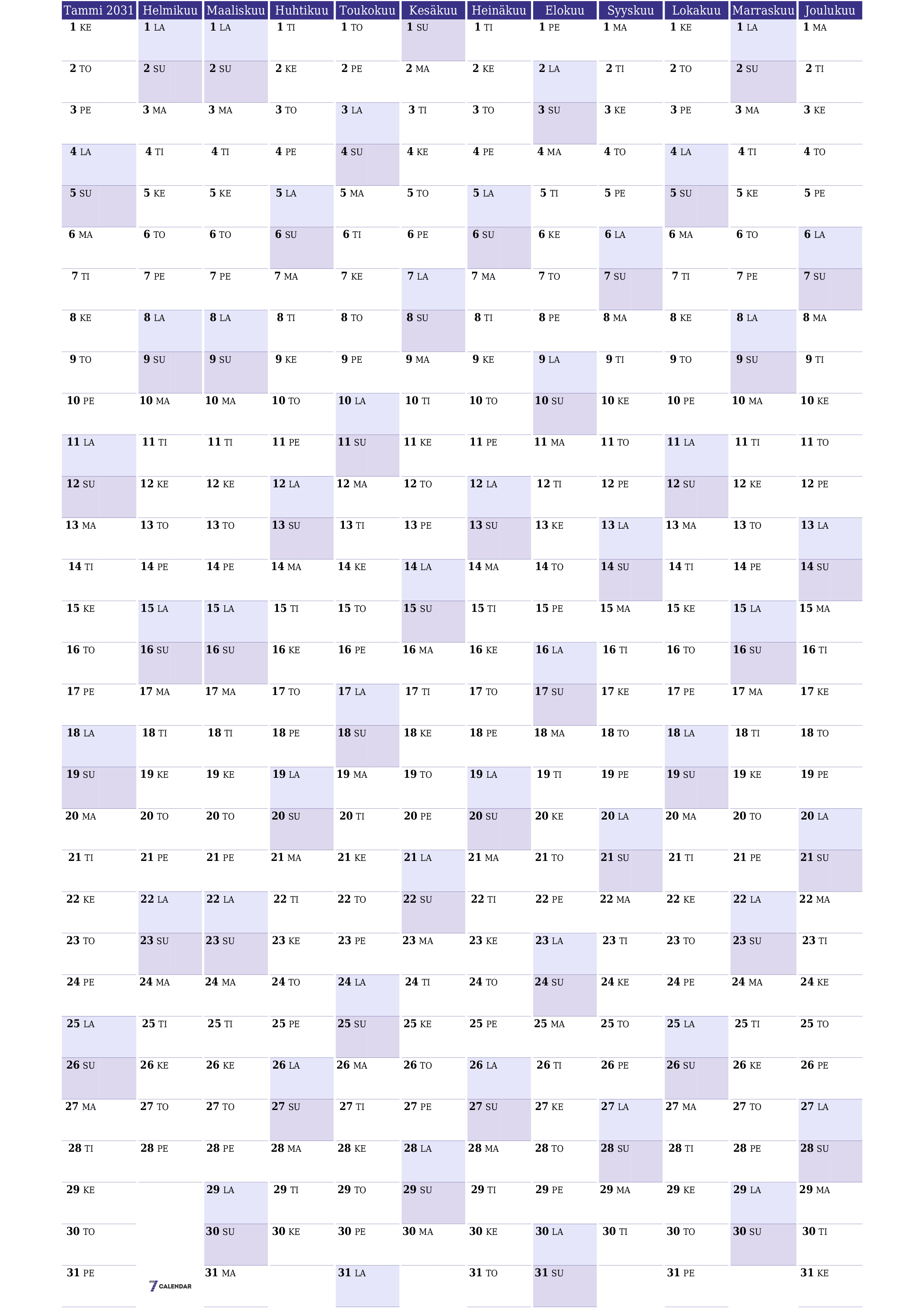 Tyhjä vuosisuunnittelukalenteri vuodelle 2031 muistiinpanoilla, tallenna ja tulosta PDF-muotoon PNG Finnish