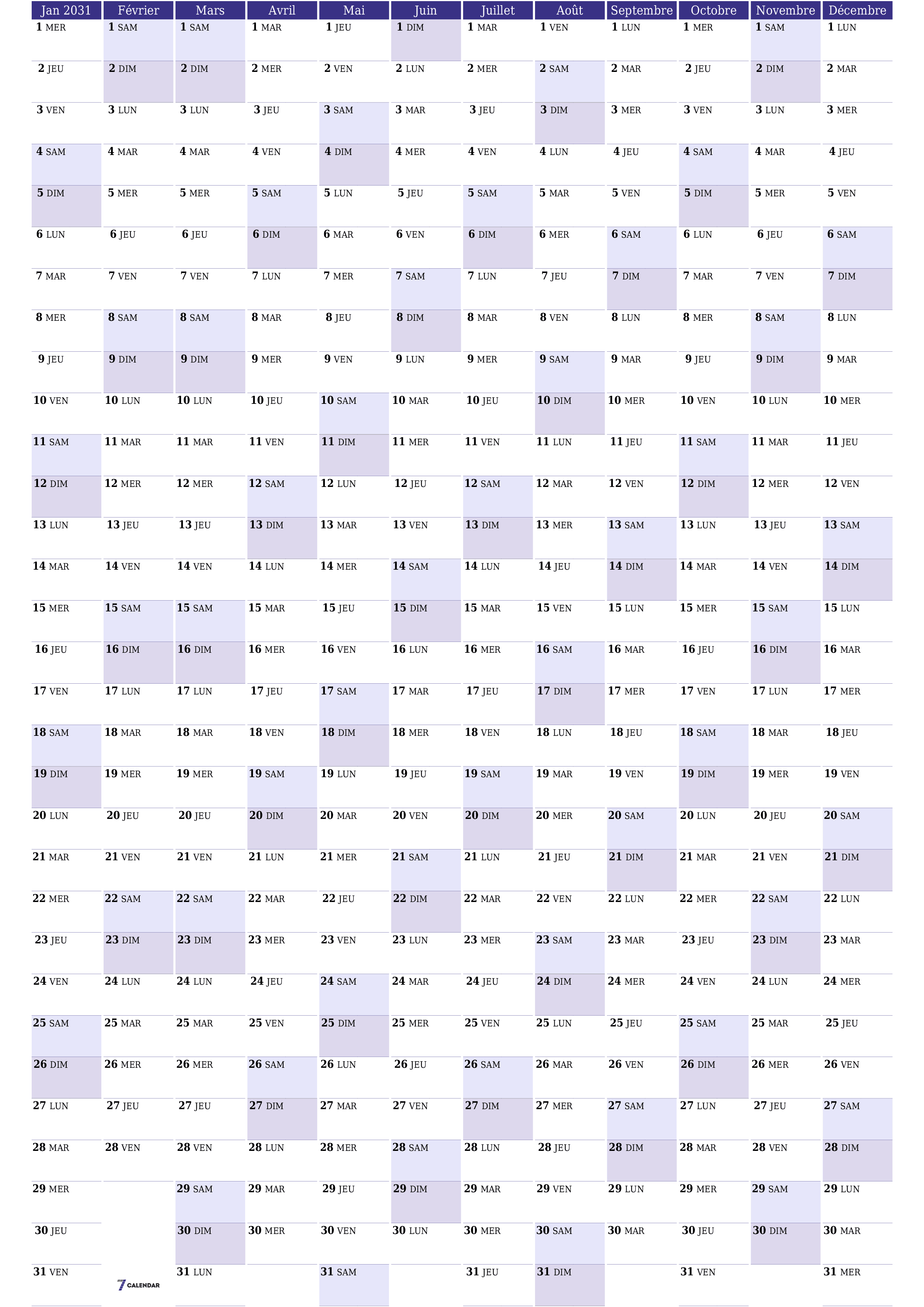 Calendrier annuel vide pour l'année 2031 avec notes, enregistrer et imprimer au format PDF PNG French