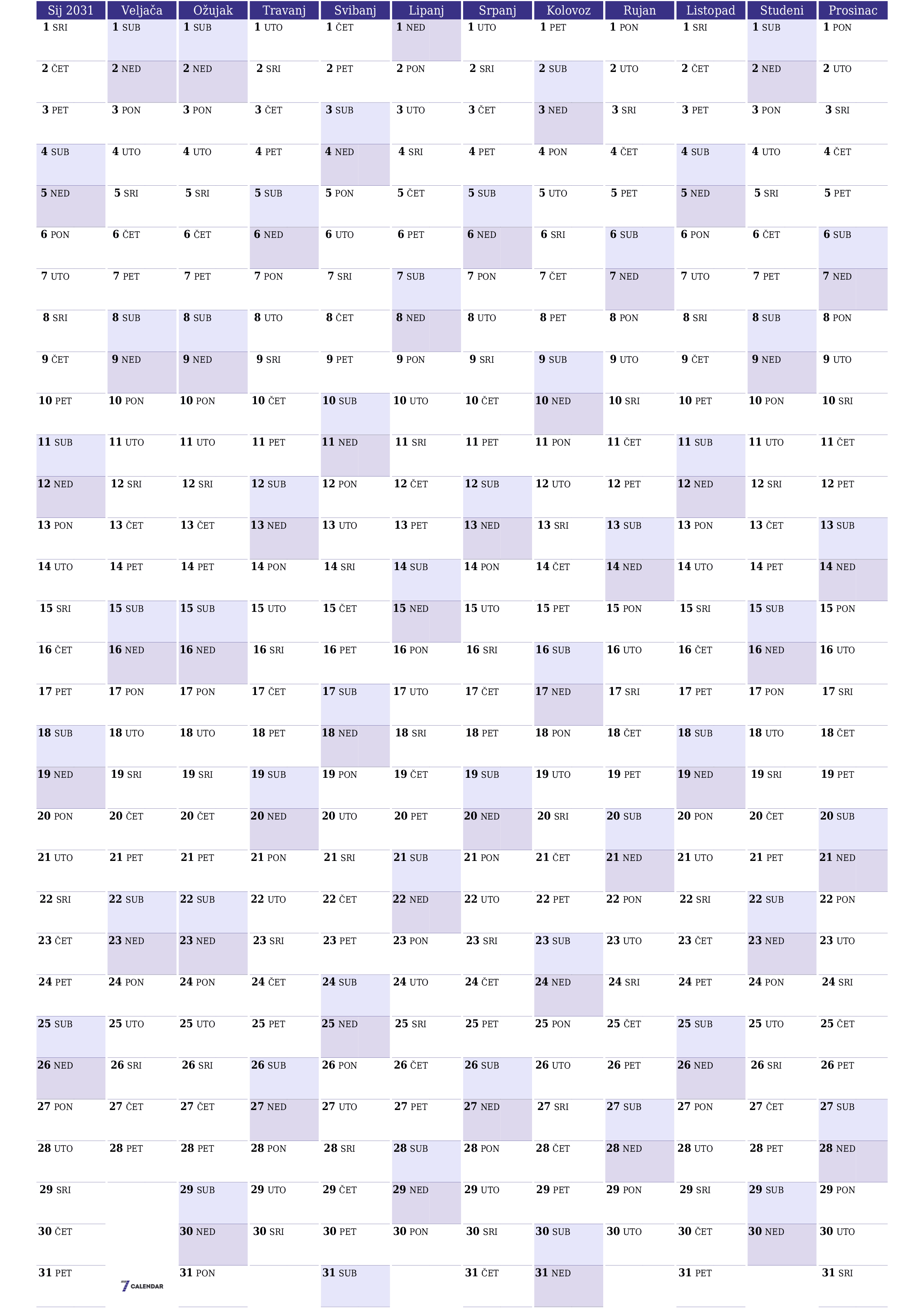 Ispraznite godišnji kalendar planera za godinu 2031 s bilješkama, spremite i ispišite u PDF PNG Croatian