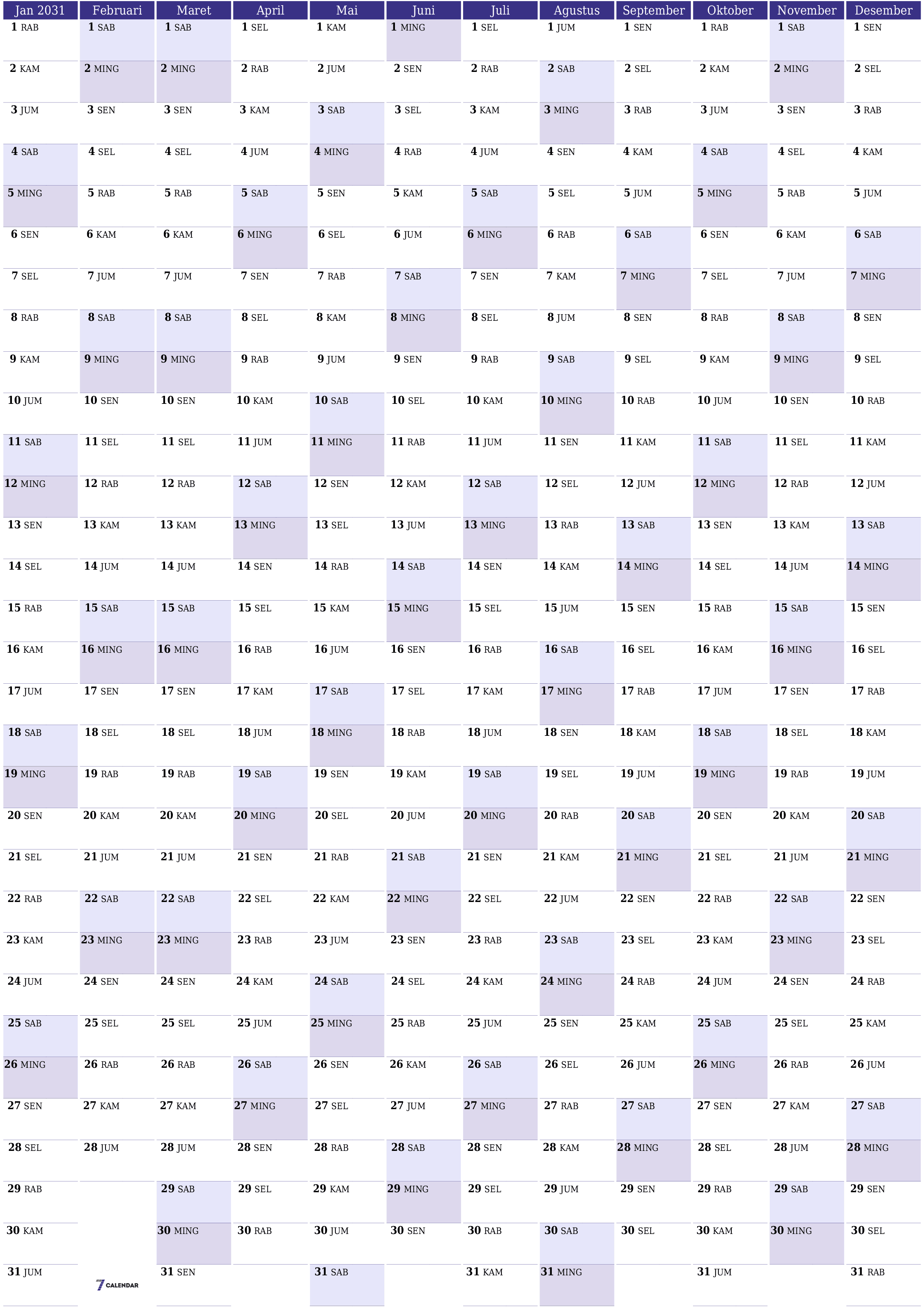 Kosongkan kalender perencana tahunan untuk tahun ini 2031 dengan catatan, simpan dan cetak ke PDF PNG Indonesian