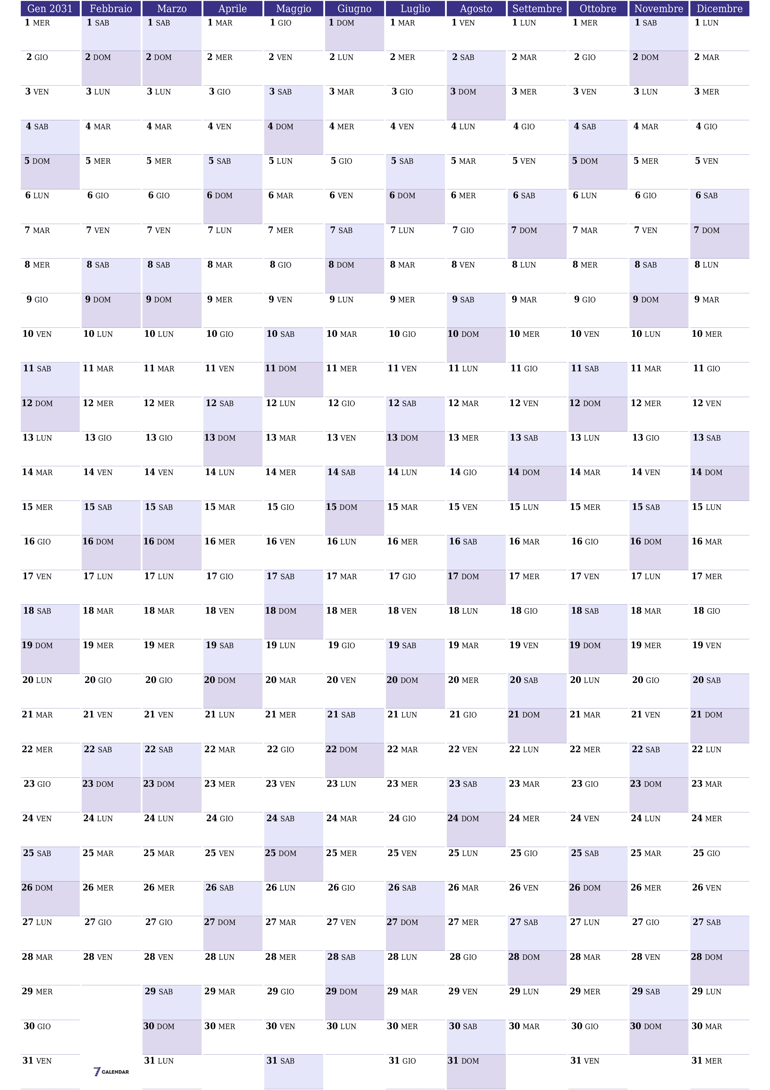  stampabile da parete modello di gratuitoverticale Annuale pianificatore calendario Giugno (Giu) 2031