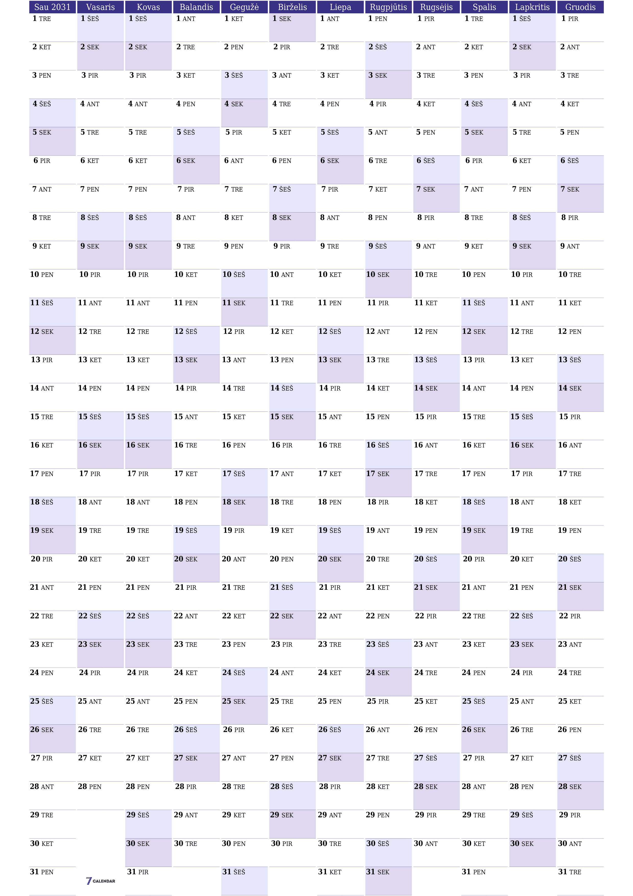 Tuščias metų planavimo kalendorius 2031 su užrašais, išsaugokite ir atsispausdinkite PDF formatu PNG Lithuanian