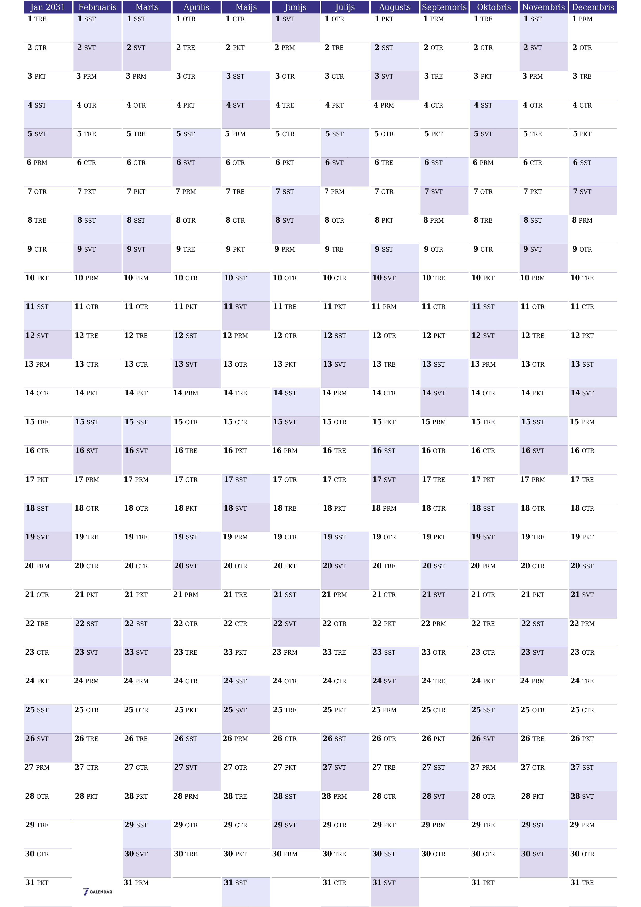 Tukšs gada plānotāja kalendārs gadam 2031 ar piezīmēm, saglabāšana un izdrukāšana PDF formātā PNG Latvian