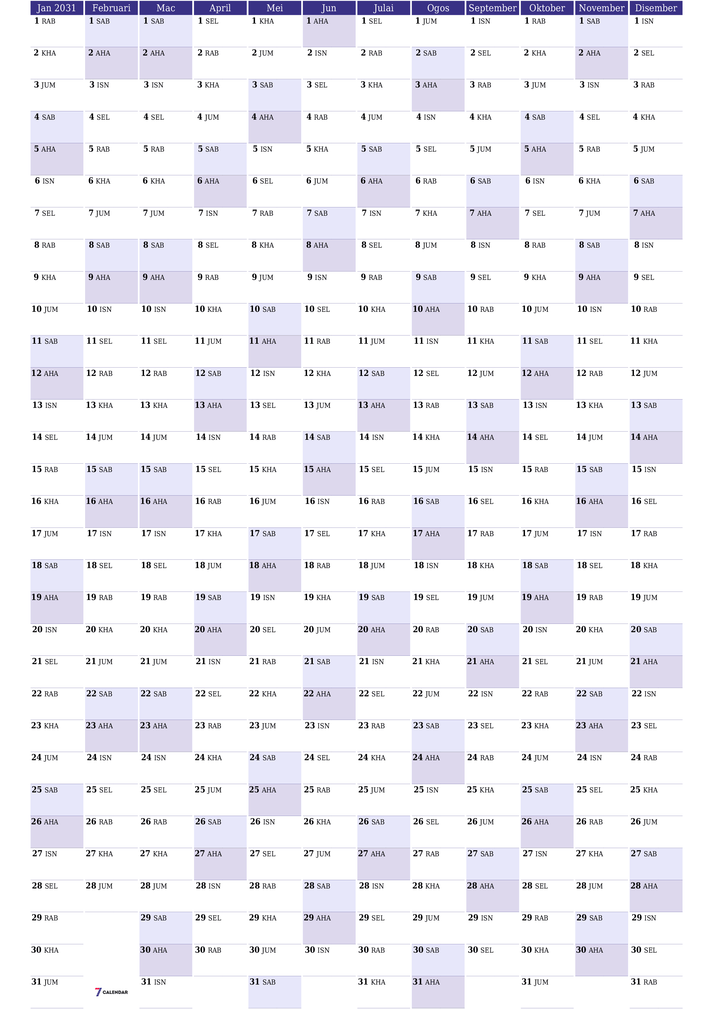 Kalendar perancang tahunan kosong untuk tahun ini 2031 dengan nota, simpan dan cetak ke PDF PNG Malay