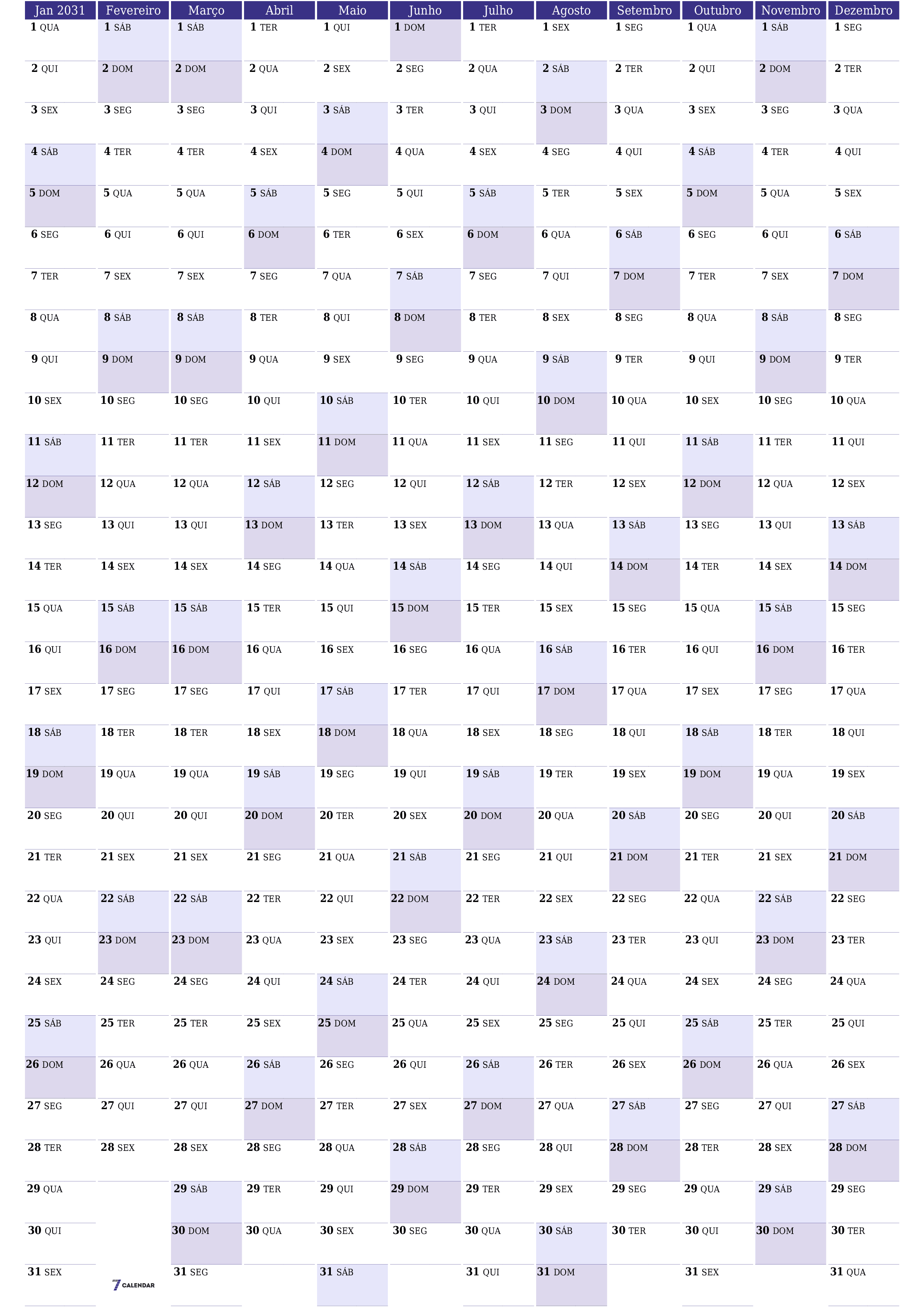 Calendário de planejador anual vazio para o ano 2031 com notas, salve e imprima em PDF PNG Portuguese