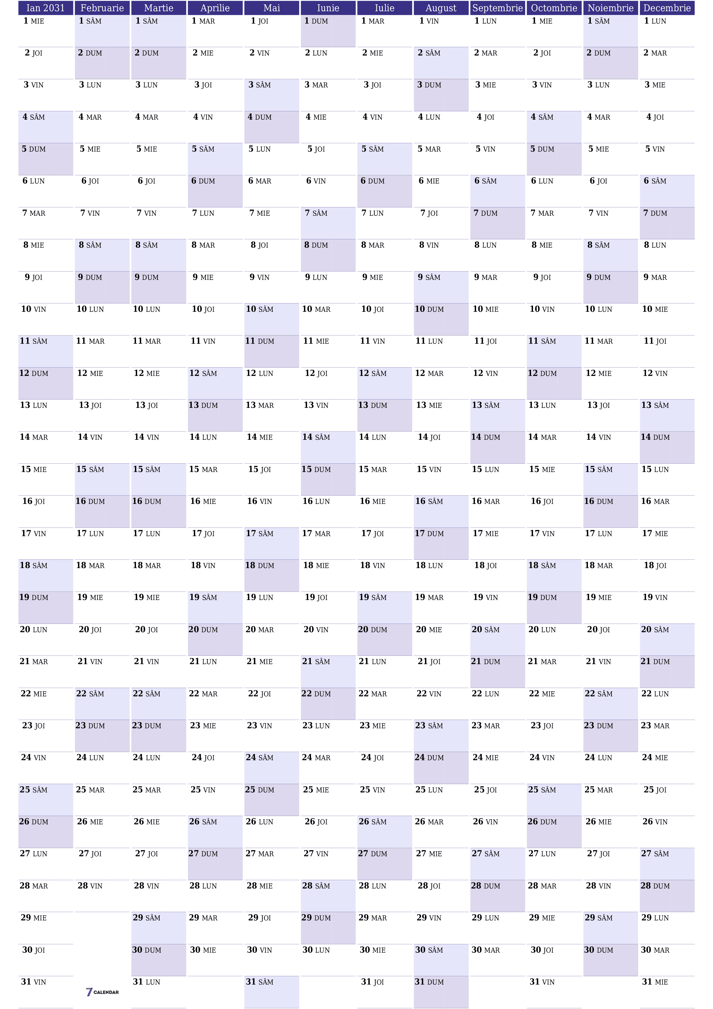  imprimabil de perete șablon de gratuitvertical Anual planificator calendar Iunie (Iun) 2031