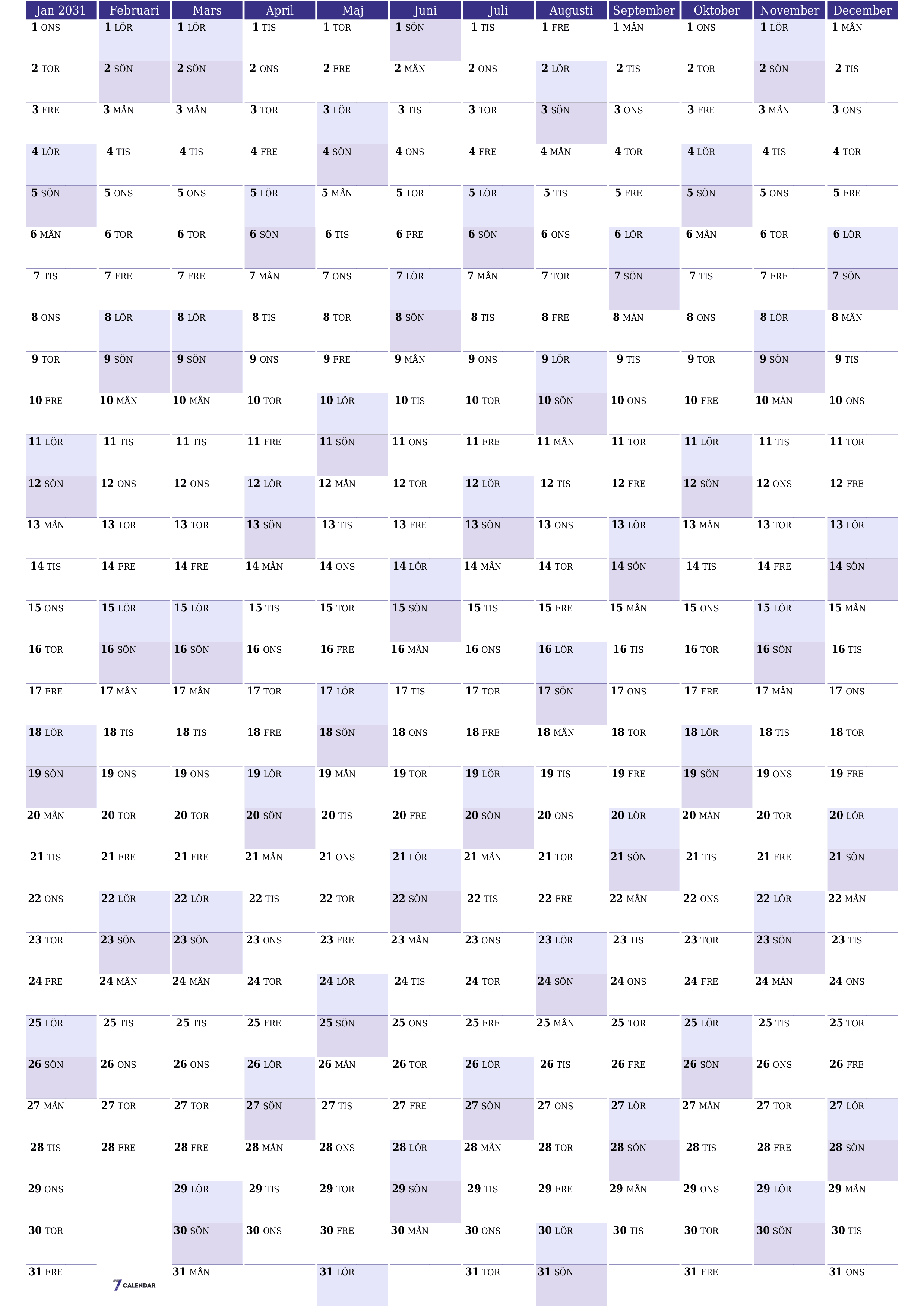 Tom årlig planeringskalender för året 2031 med anteckningar, spara och skriv ut till PDF PNG Swedish