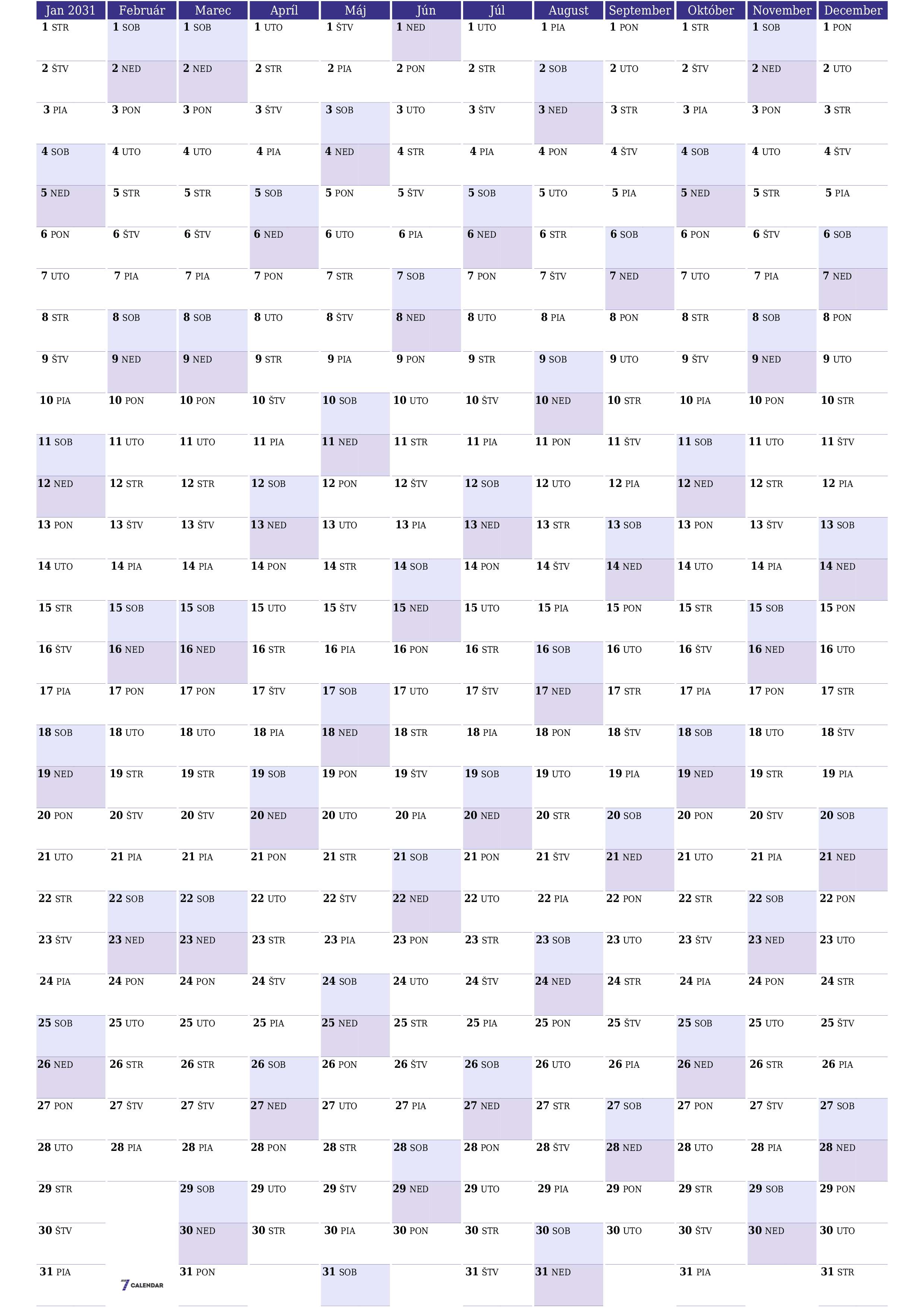 Prázdny ročný kalendár plánovača na rok 2031 s poznámkami, uložením a tlačou do formátu PDF PNG Slovak