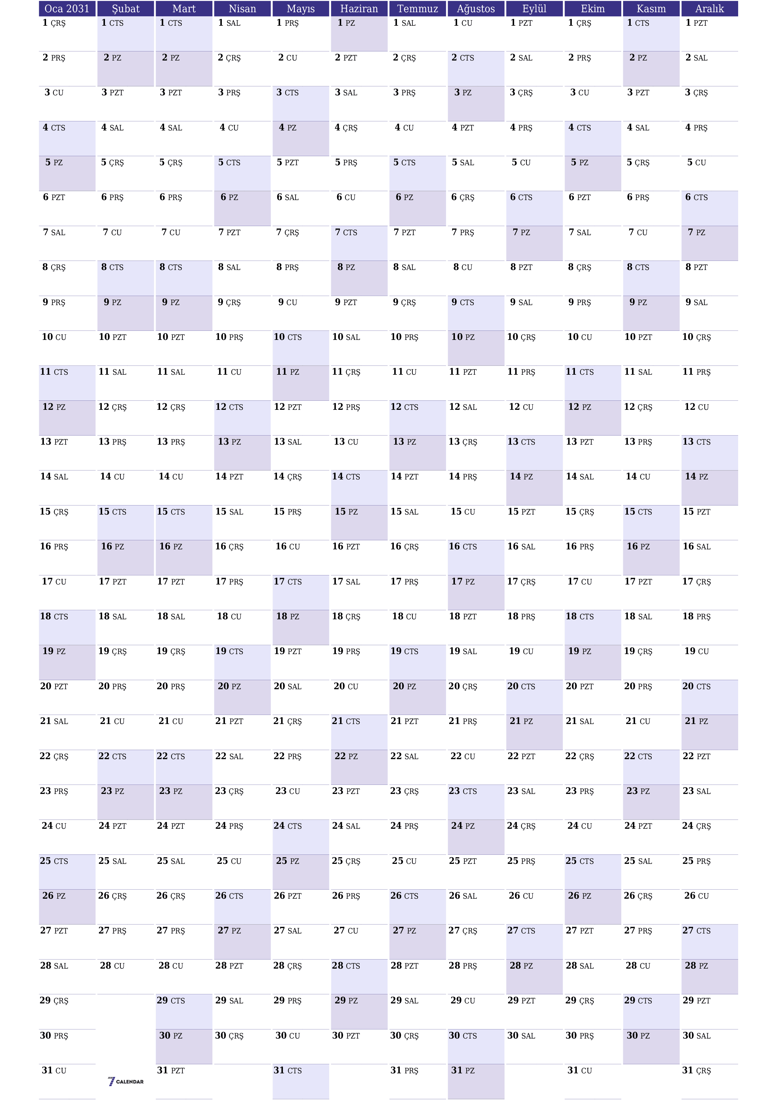 Notlarla 2031 yıl için yıllık planlayıcı takvimini boşaltın, kaydedin ve PDF olarak yazdırın PNG Turkish