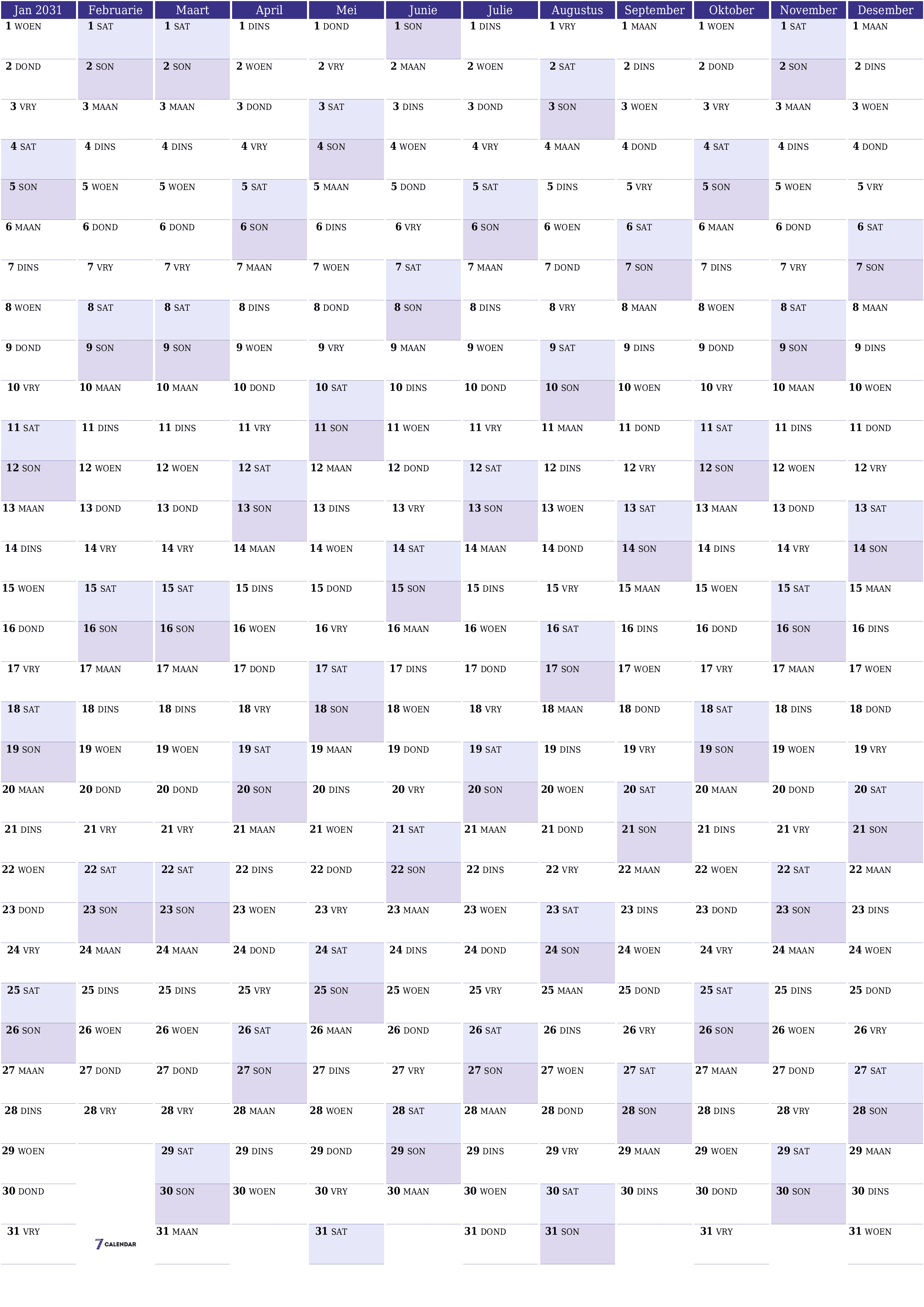 Leë jaarlikse drukbare kalender en beplanner vir die jaar 2031 met notas, stoor en druk na PDF PNG Afrikaans