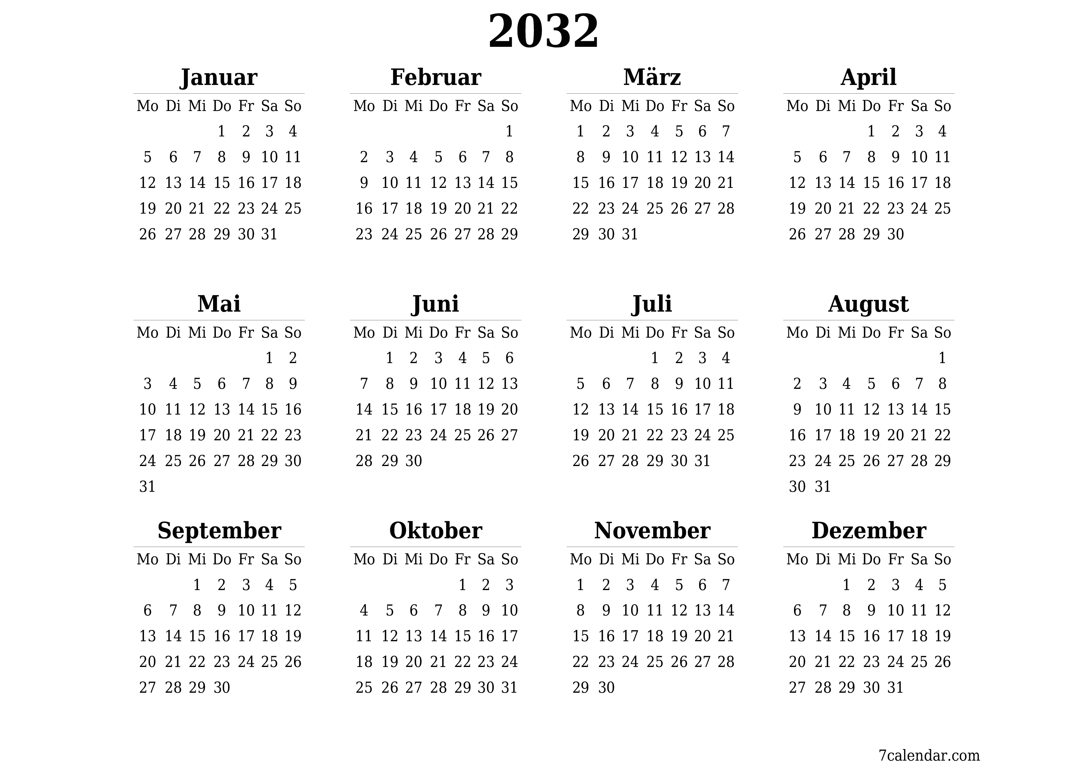 Jahresplanerkalender für das Jahr 2032 mit Notizen leeren, speichern und als PDF PNG German - 7calendar.com drucken