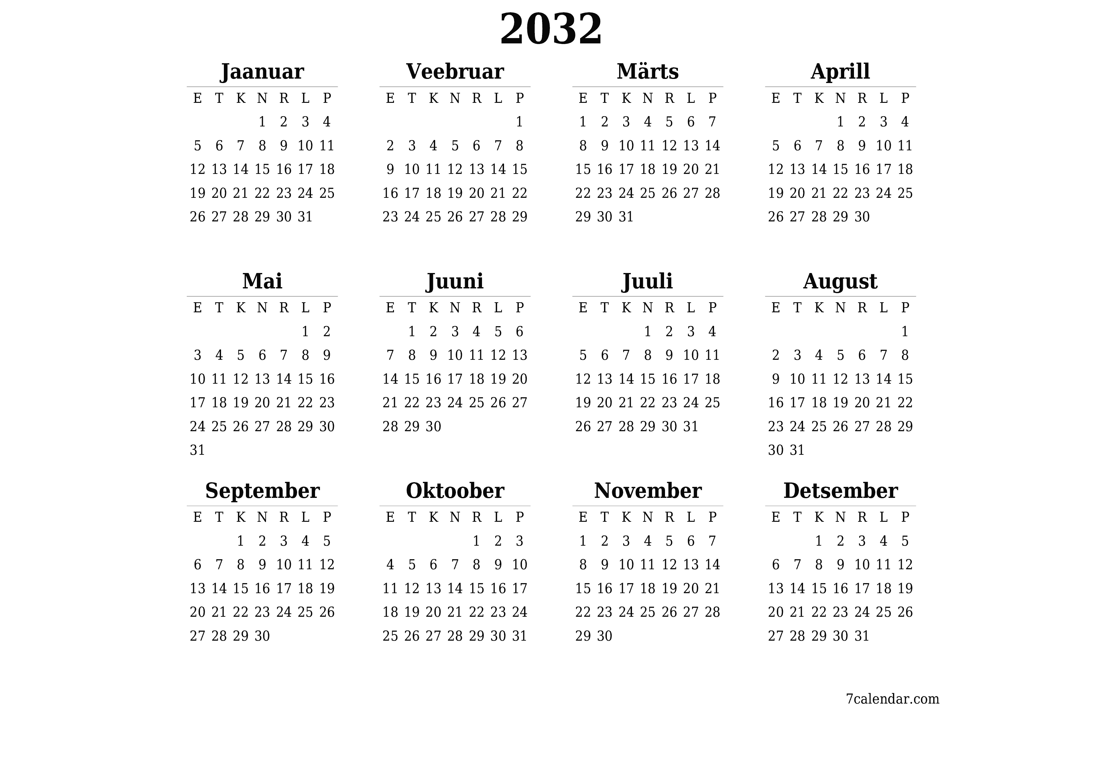 Tühi aasta planeerija kalender aastaks 2032 koos märkmetega, salvestage ja printige PDF-i PNG Estonian