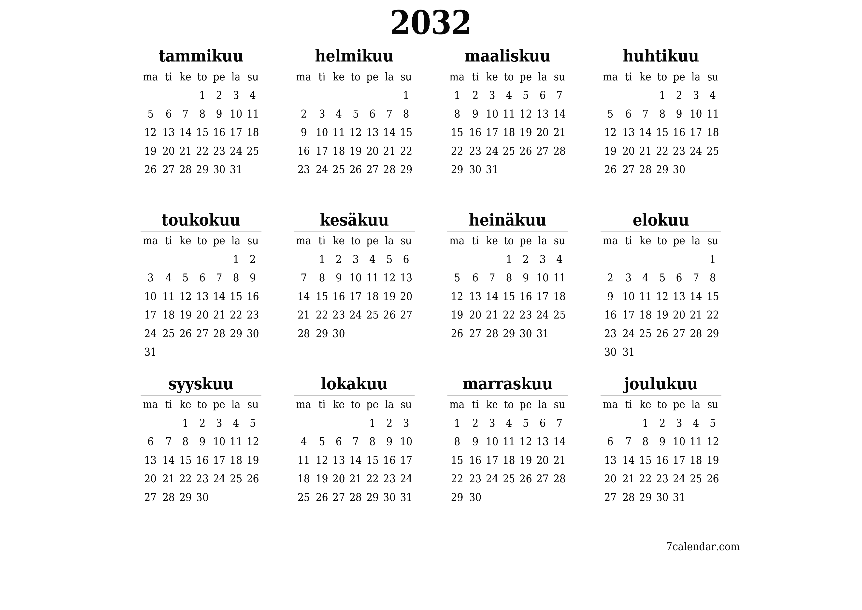 Tyhjä vuosisuunnittelukalenteri vuodelle 2032 muistiinpanoilla, tallenna ja tulosta PDF-muotoon PNG Finnish