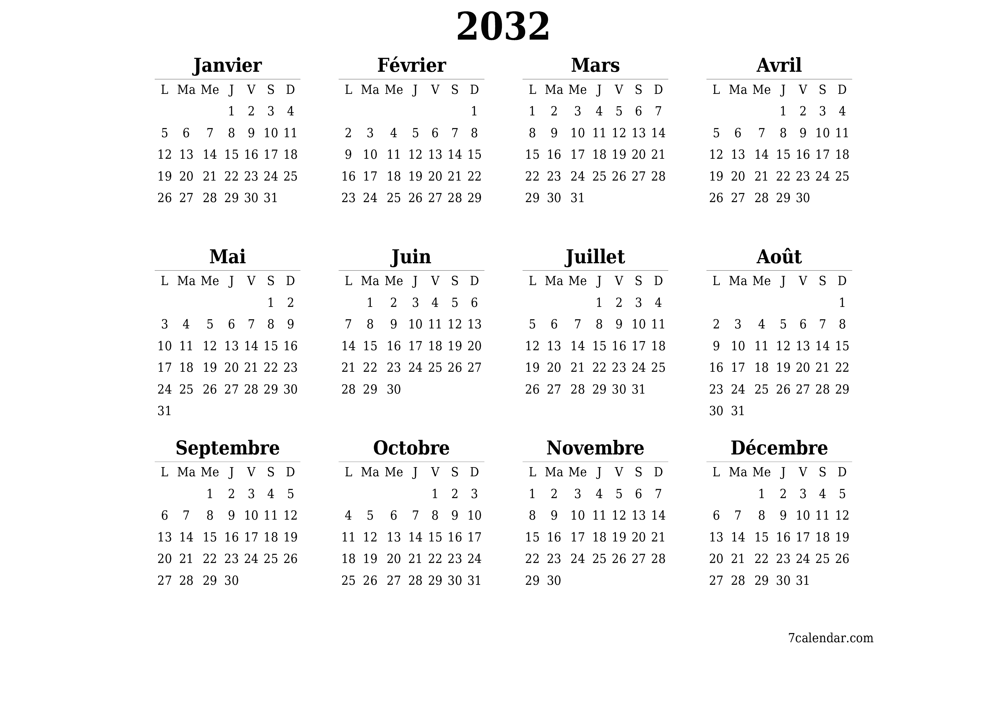 Calendrier annuel vide pour l'année 2032 avec notes, enregistrer et imprimer au format PDF PNG French