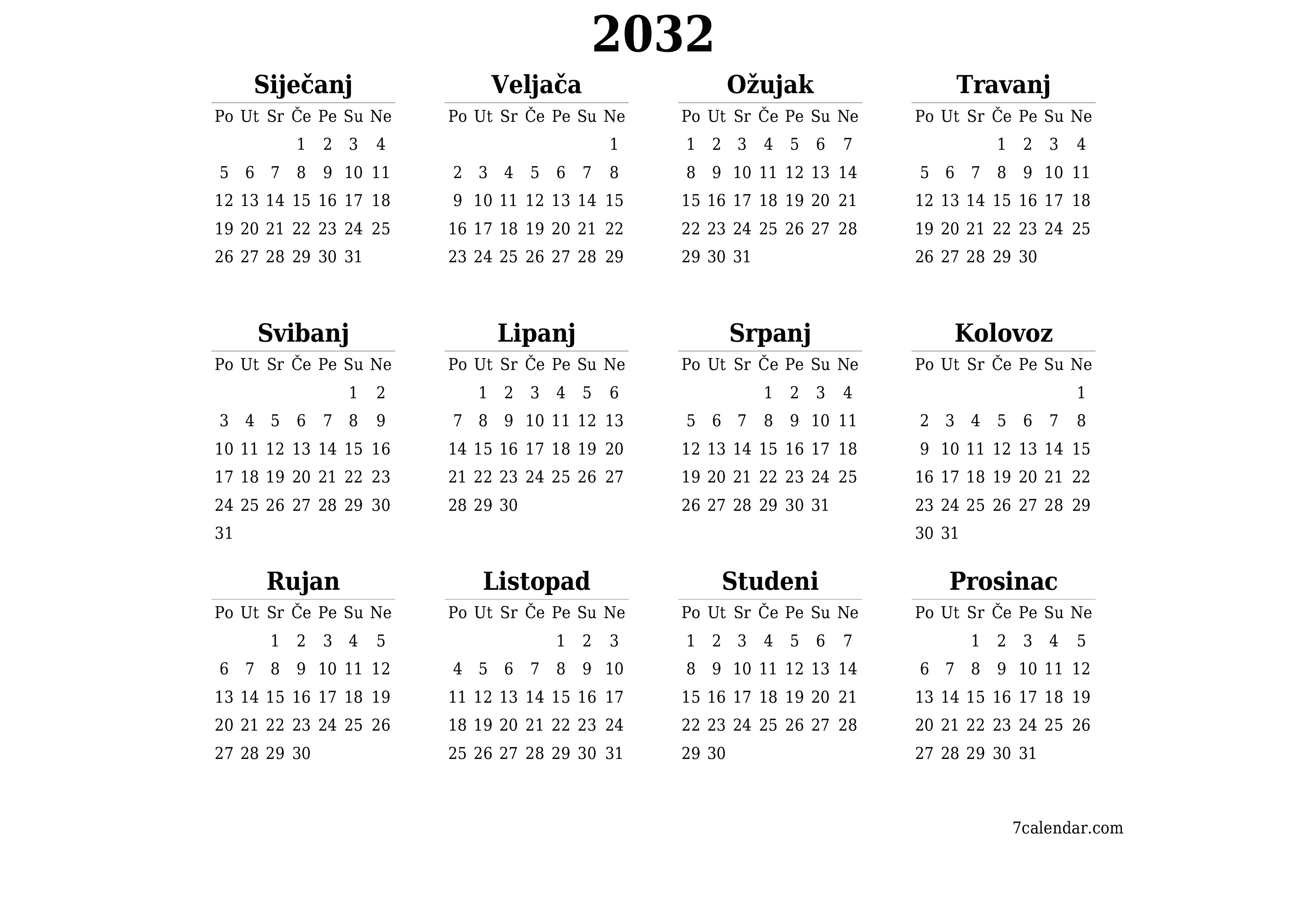 Ispraznite godišnji kalendar planera za godinu 2032 s bilješkama, spremite i ispišite u PDF PNG Croatian