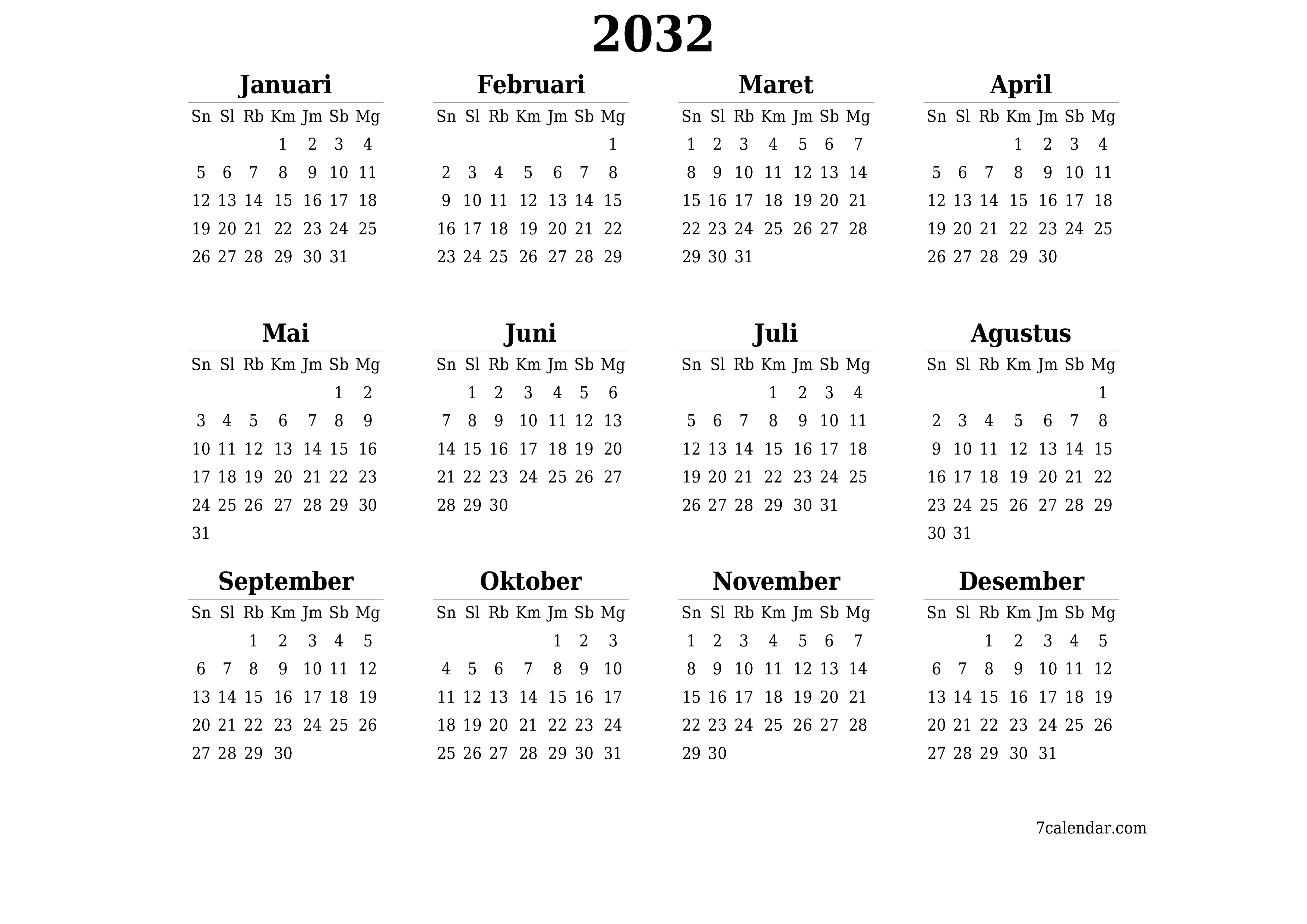 Kosongkan kalender perencana tahunan untuk tahun ini 2032 dengan catatan, simpan dan cetak ke PDF PNG Indonesian