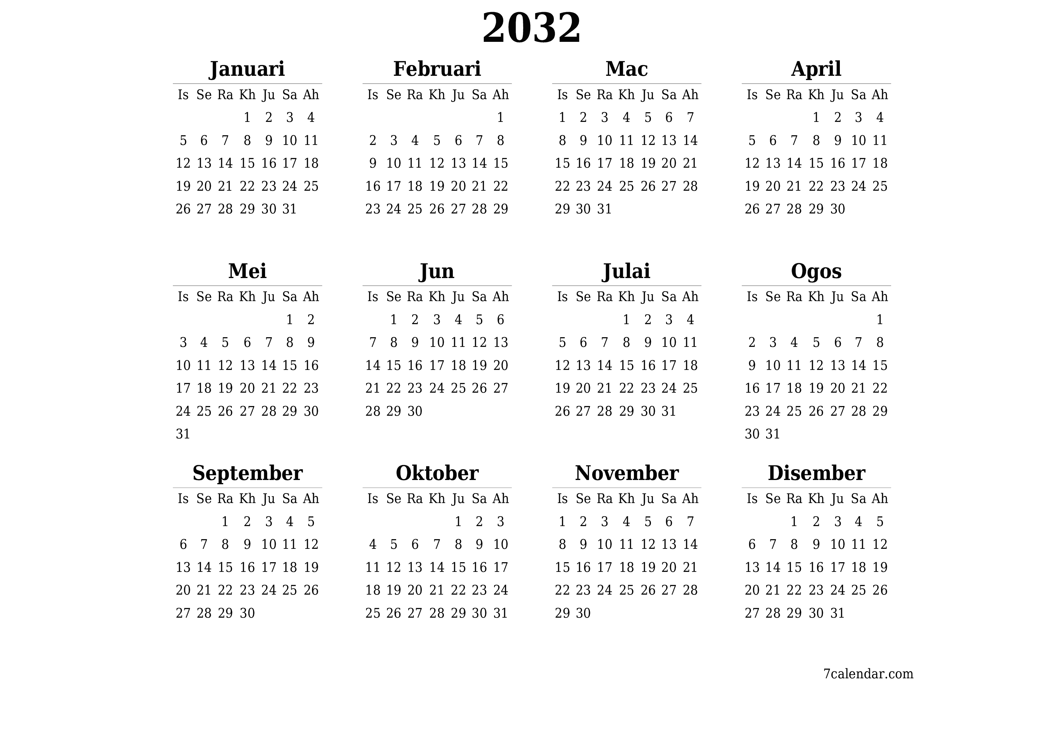 Kalendar perancang tahunan kosong untuk tahun ini 2032 dengan nota, simpan dan cetak ke PDF PNG Malay