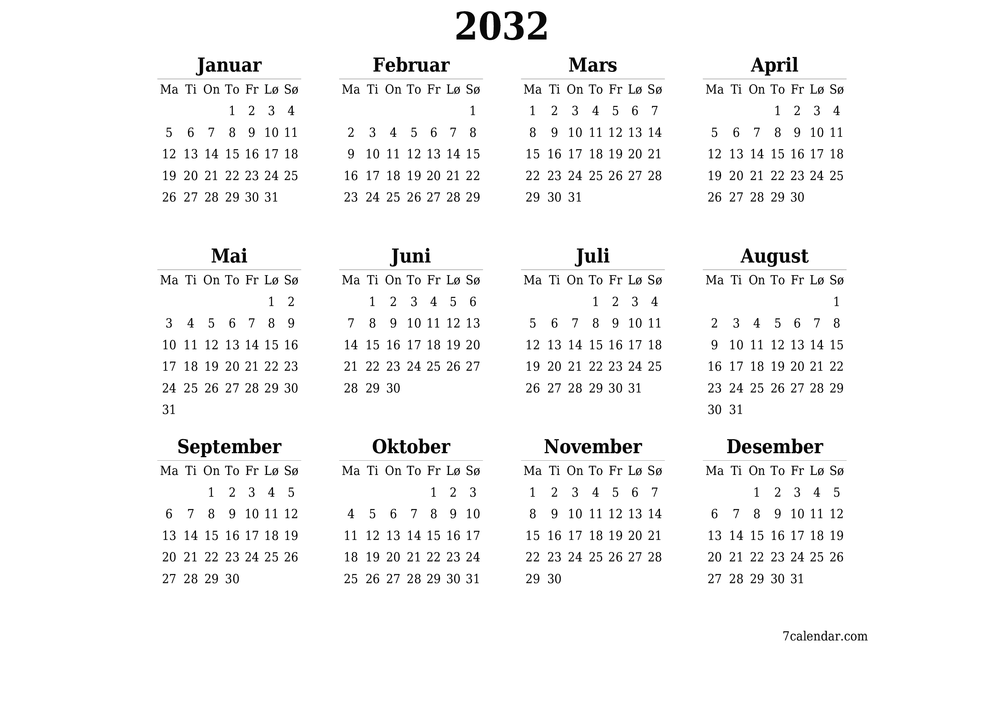 Tom årlig planleggerkalender for året 2032 med notater, lagre og skrive ut i PDF PNG Norwegian