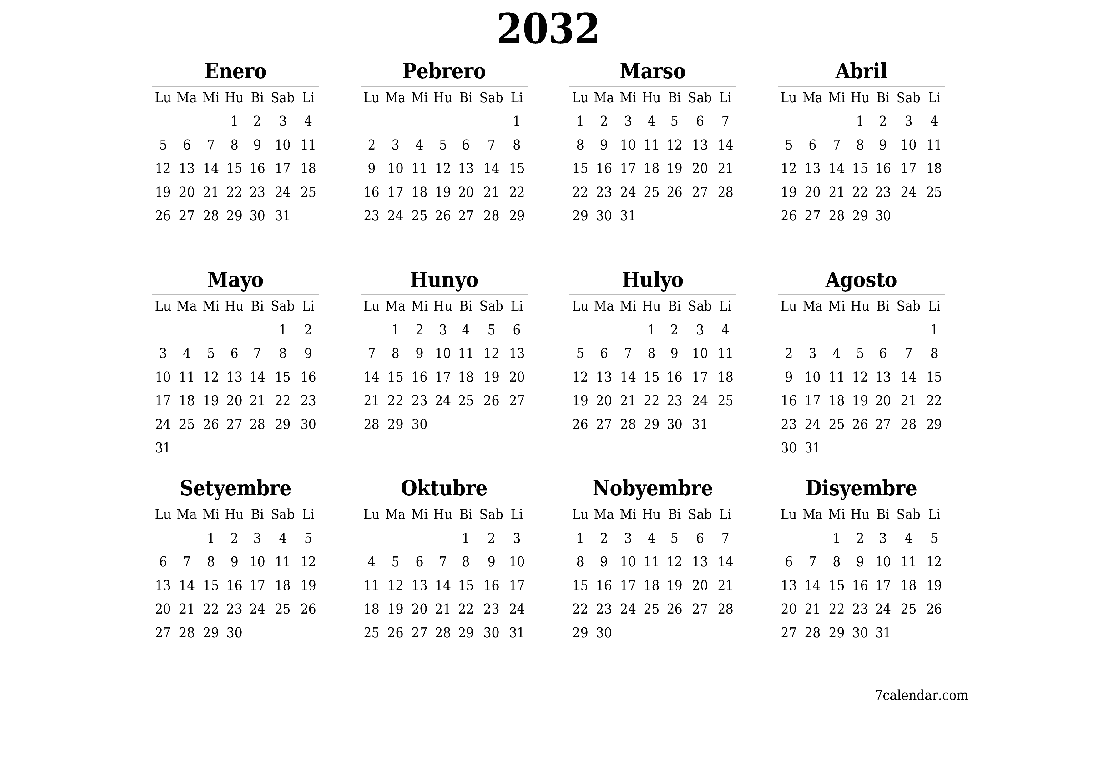 Walang laman ang taunang kalendaryo ng tagaplano para sa taong 2032 na may mga tala, i-save at i-print sa PDF PNG Filipino