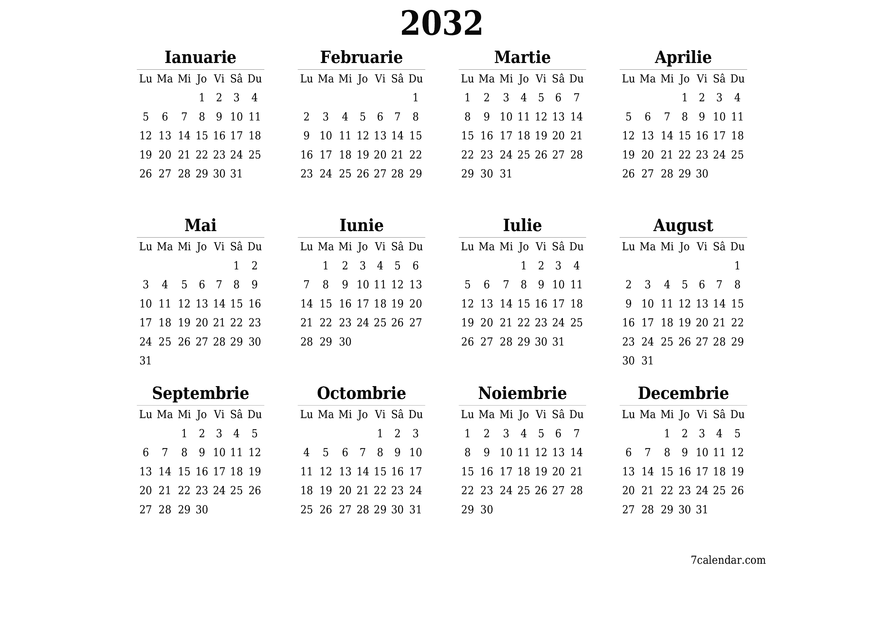 Goliți calendarul anual al planificatorului pentru anul 2032 cu note, salvați și tipăriți în PDF PNG Romanian