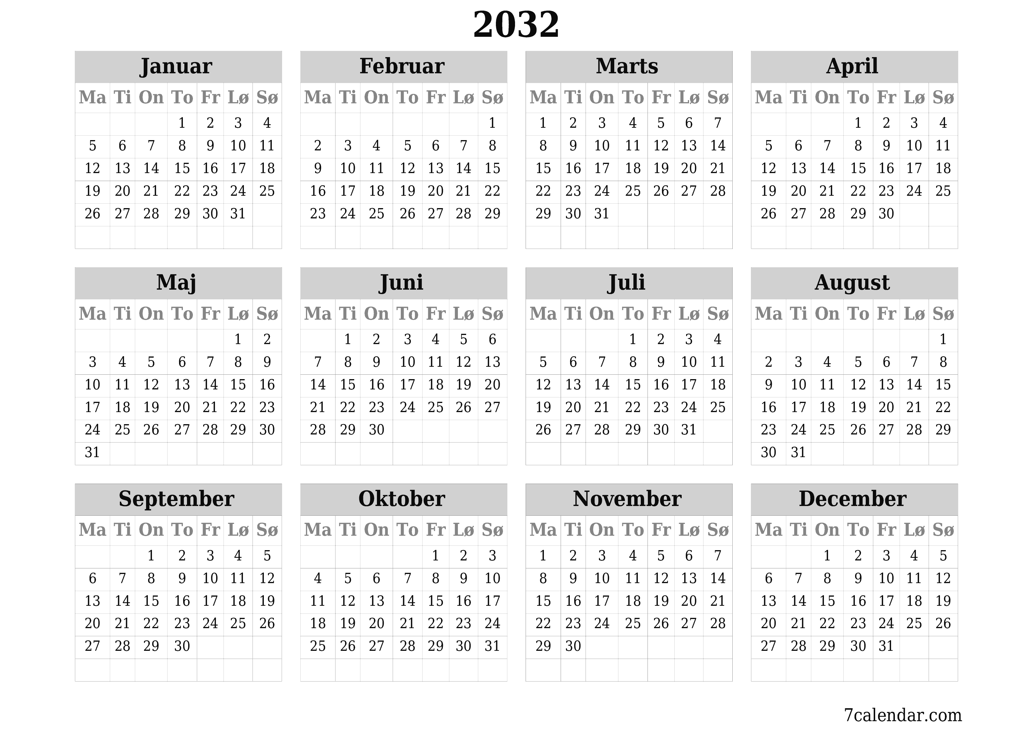 Tom årlig planlægningskalender for året 2032 med noter, gem og udskriv til PDF PNG Danish