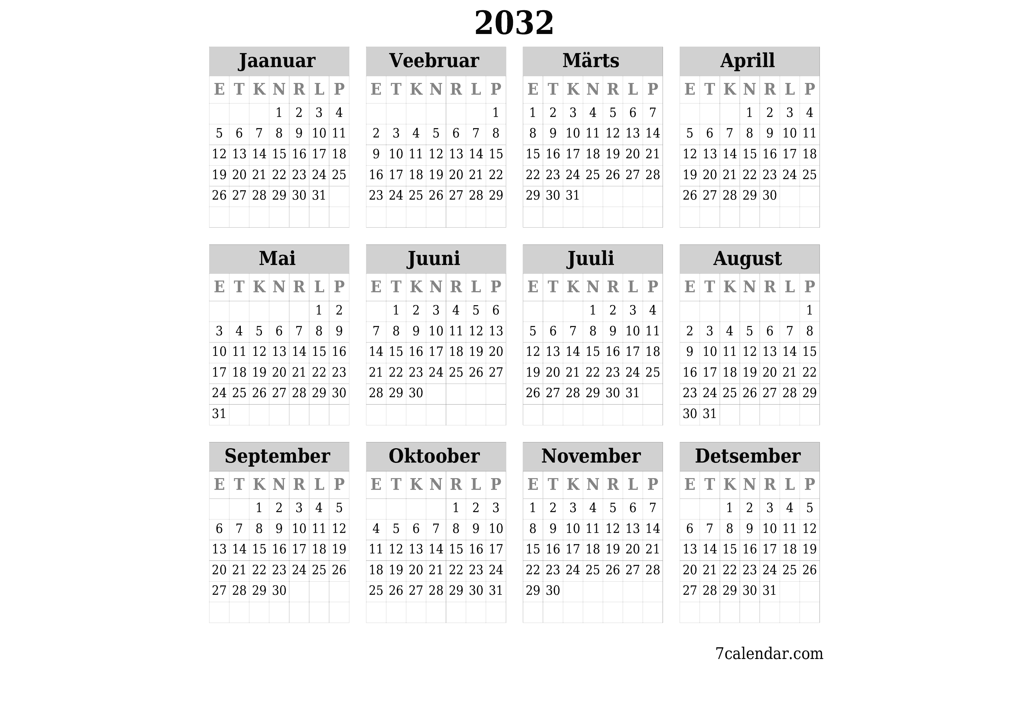 Tühi aasta planeerija kalender aastaks 2032 koos märkmetega, salvestage ja printige PDF-i PNG Estonian