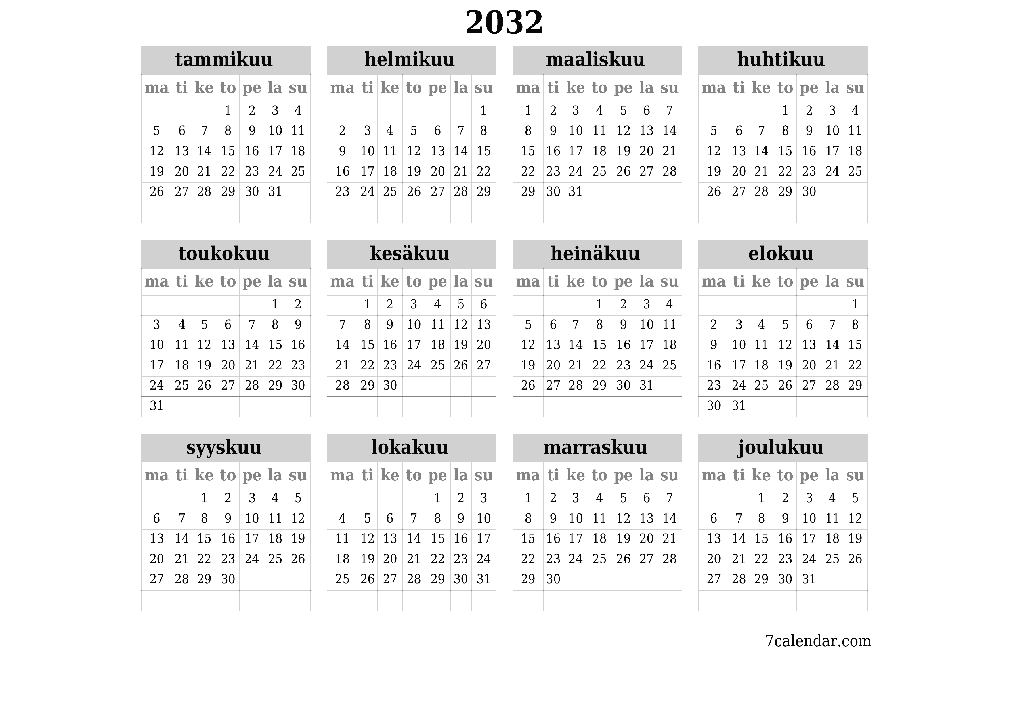 Tyhjä vuosisuunnittelukalenteri vuodelle 2032 muistiinpanoilla, tallenna ja tulosta PDF-muotoon PNG Finnish